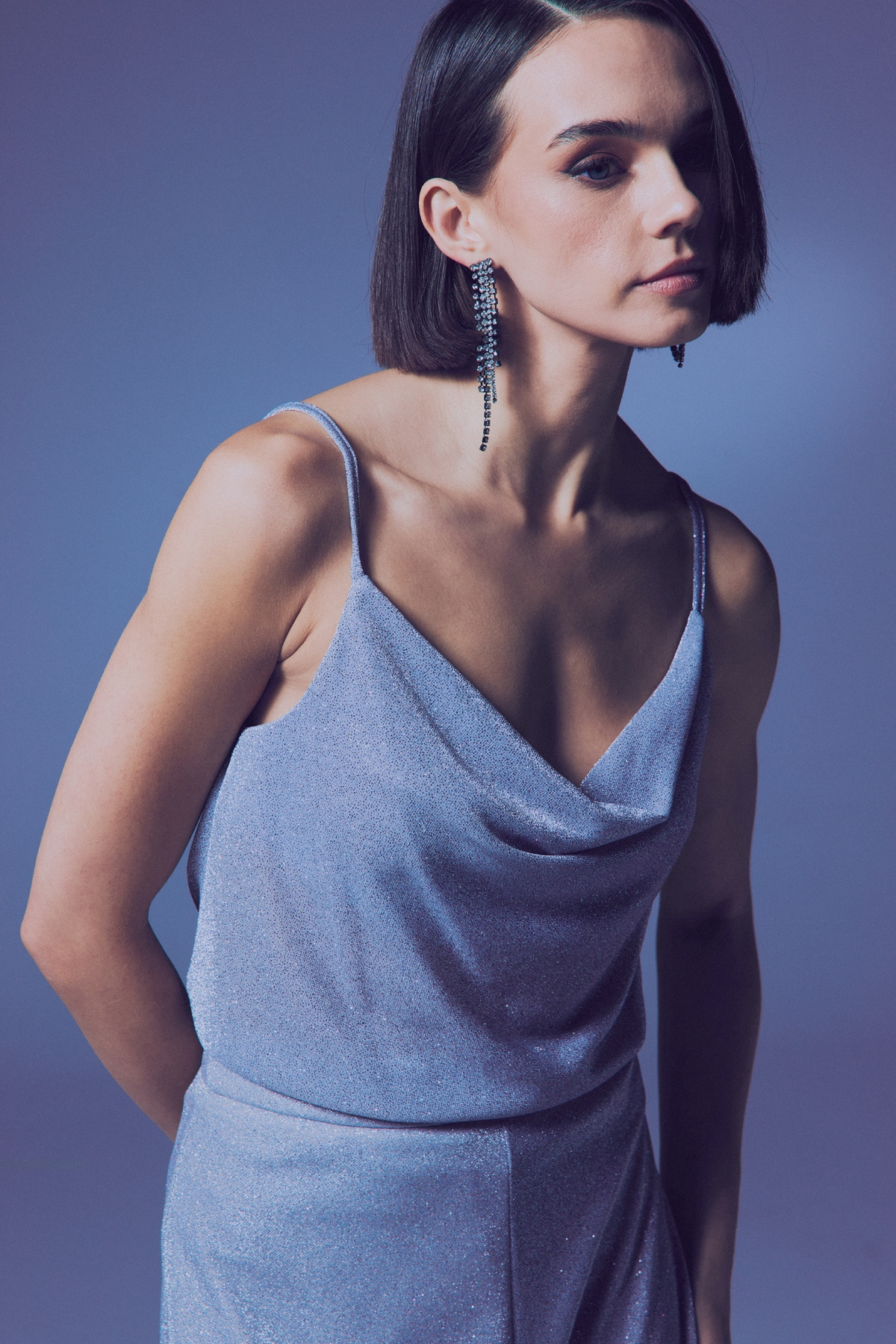 Simli Degaje Yaka Bluz - Gümüş