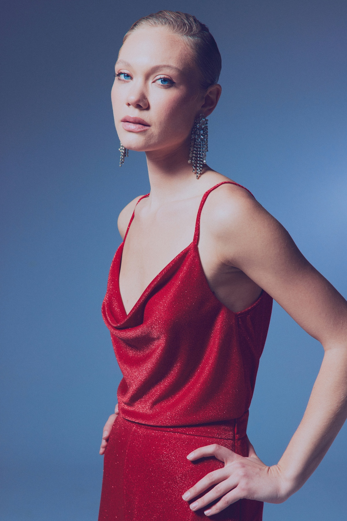 Simli Degaje Yaka Bluz - KIRMIZI