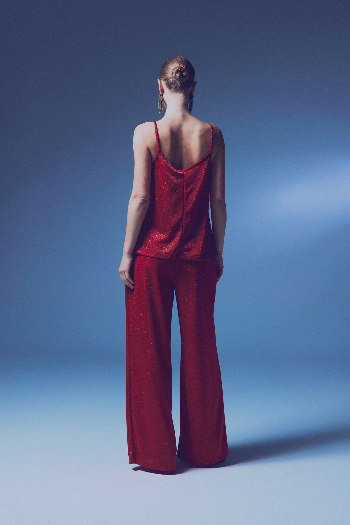 Simli Degaje Yaka Bluz - KIRMIZI