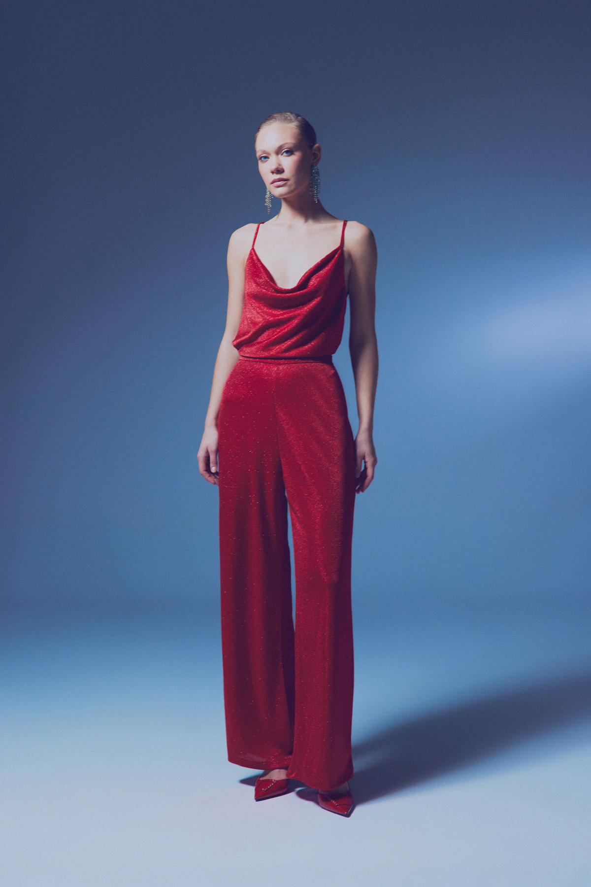 Simli Degaje Yaka Bluz - KIRMIZI