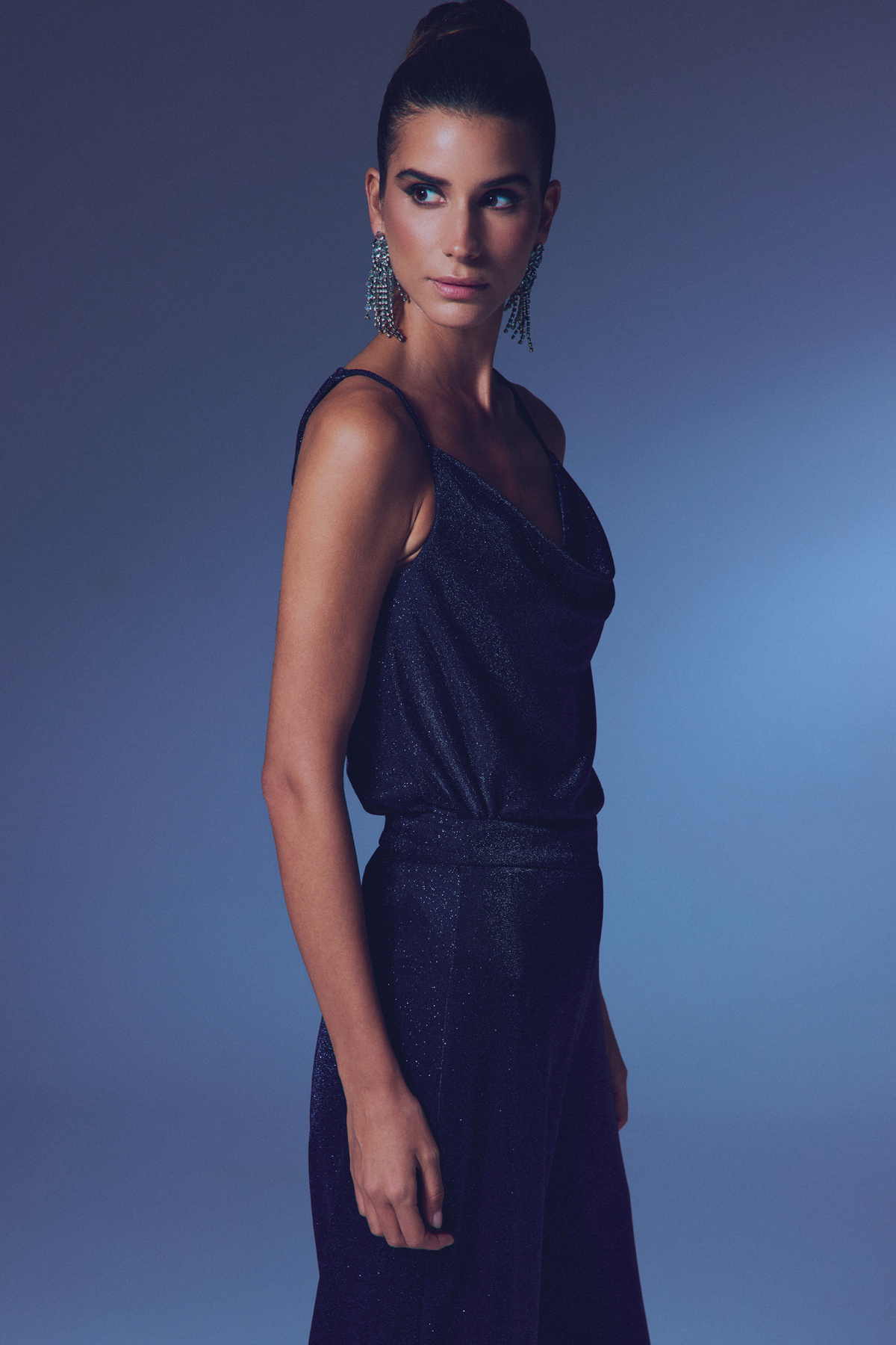 Glittery Cowl Neck Blouse - BLUE