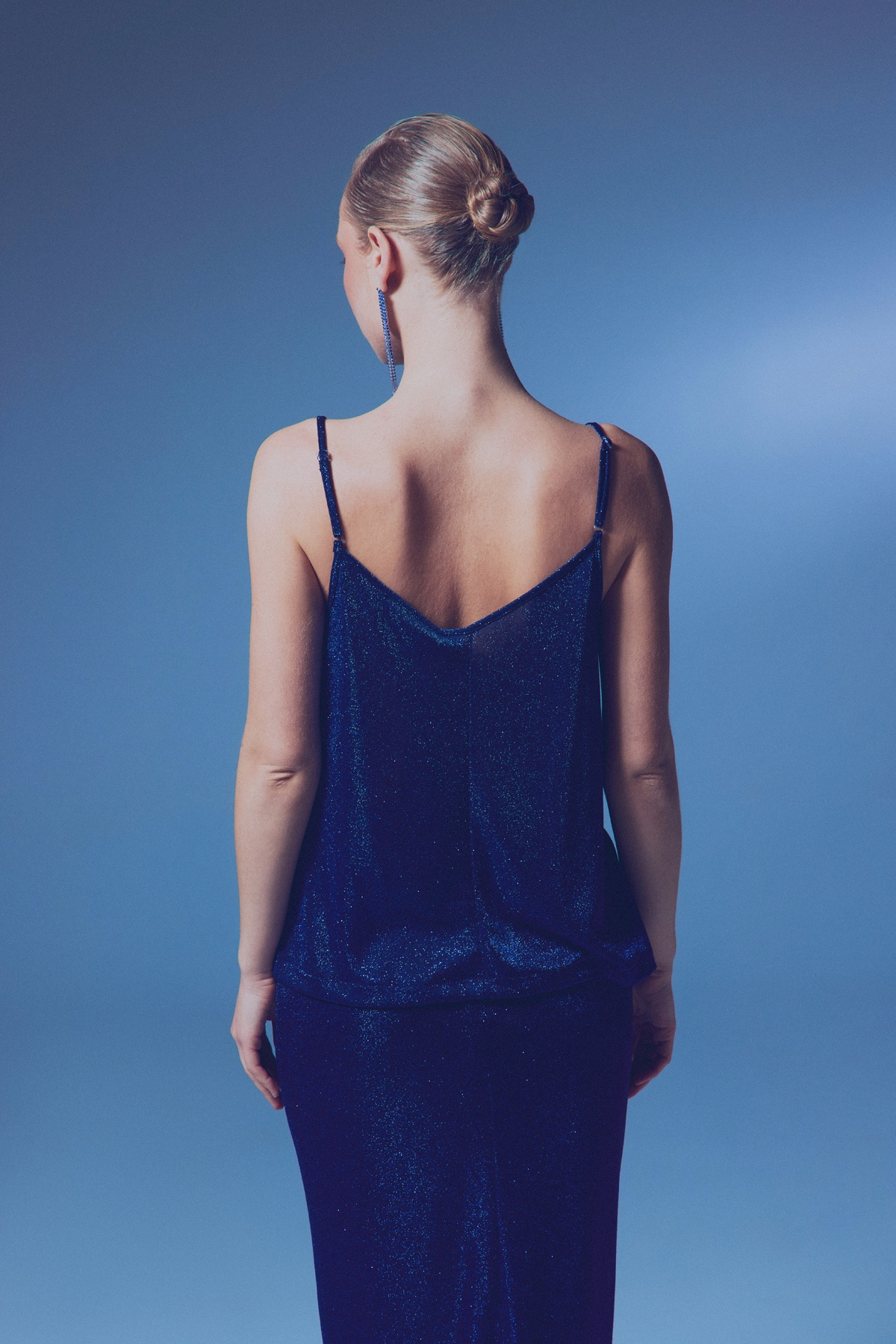 Simli Degaje Yaka Bluz - SAX MAVİ