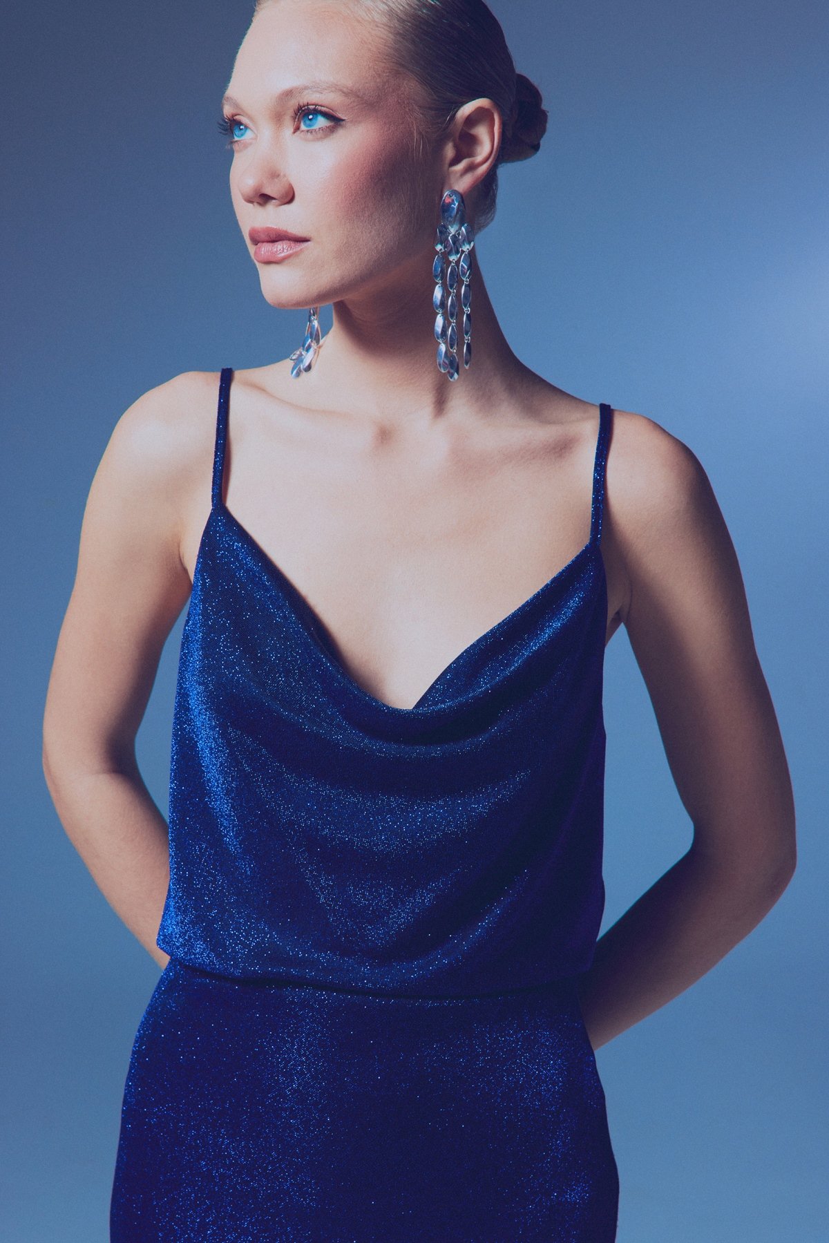 Simli Degaje Yaka Bluz - SAX MAVİ