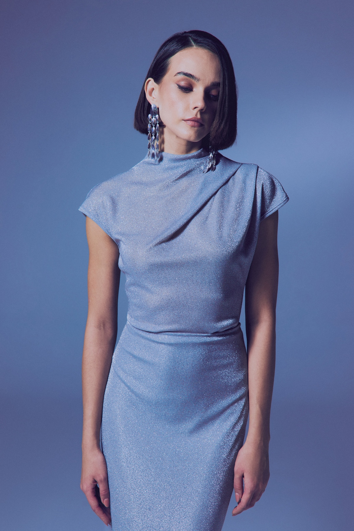 Simli Dik Yaka Bodysuit - Gümüş