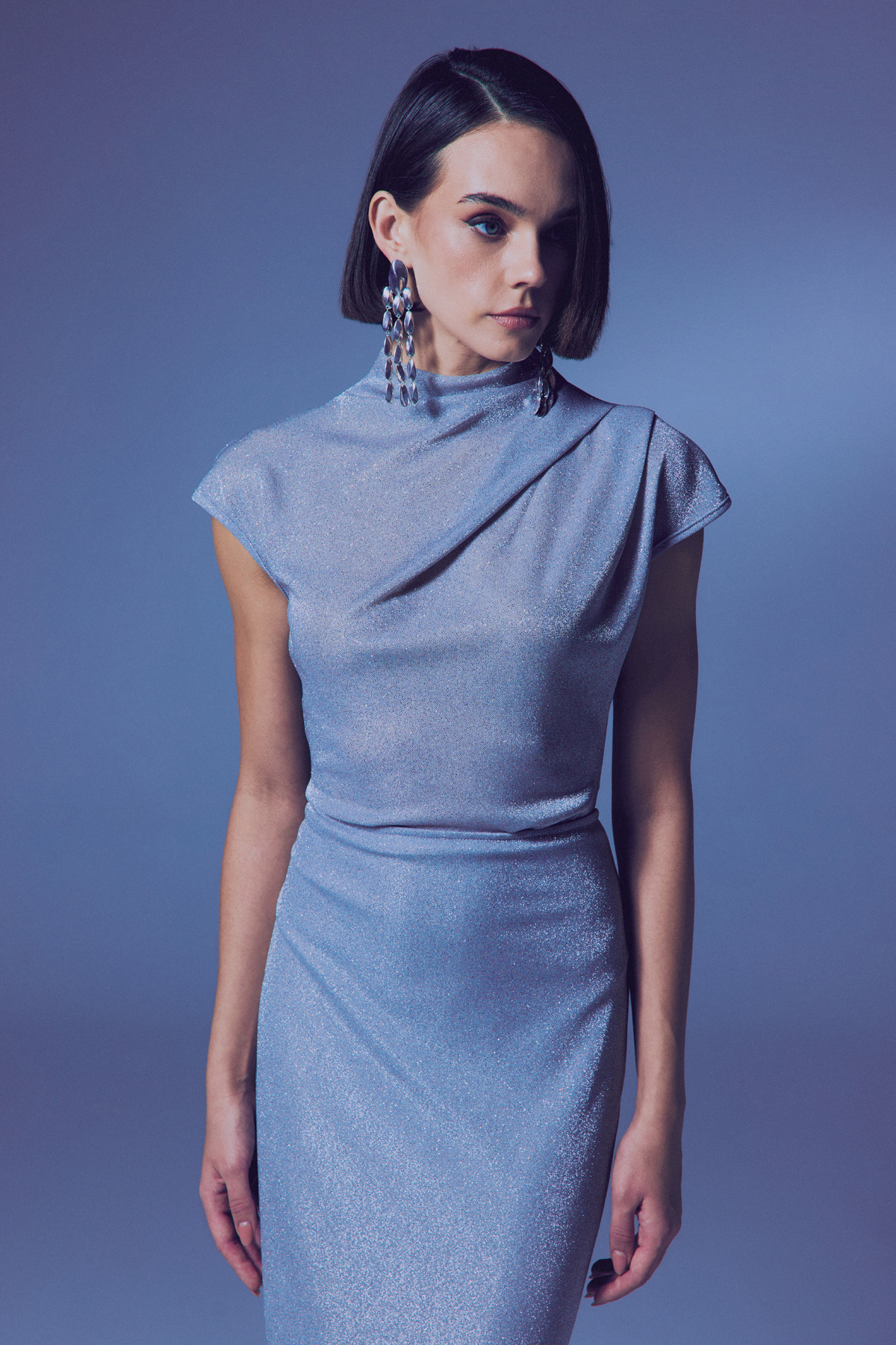 Simli Dik Yaka Bodysuit - Gümüş