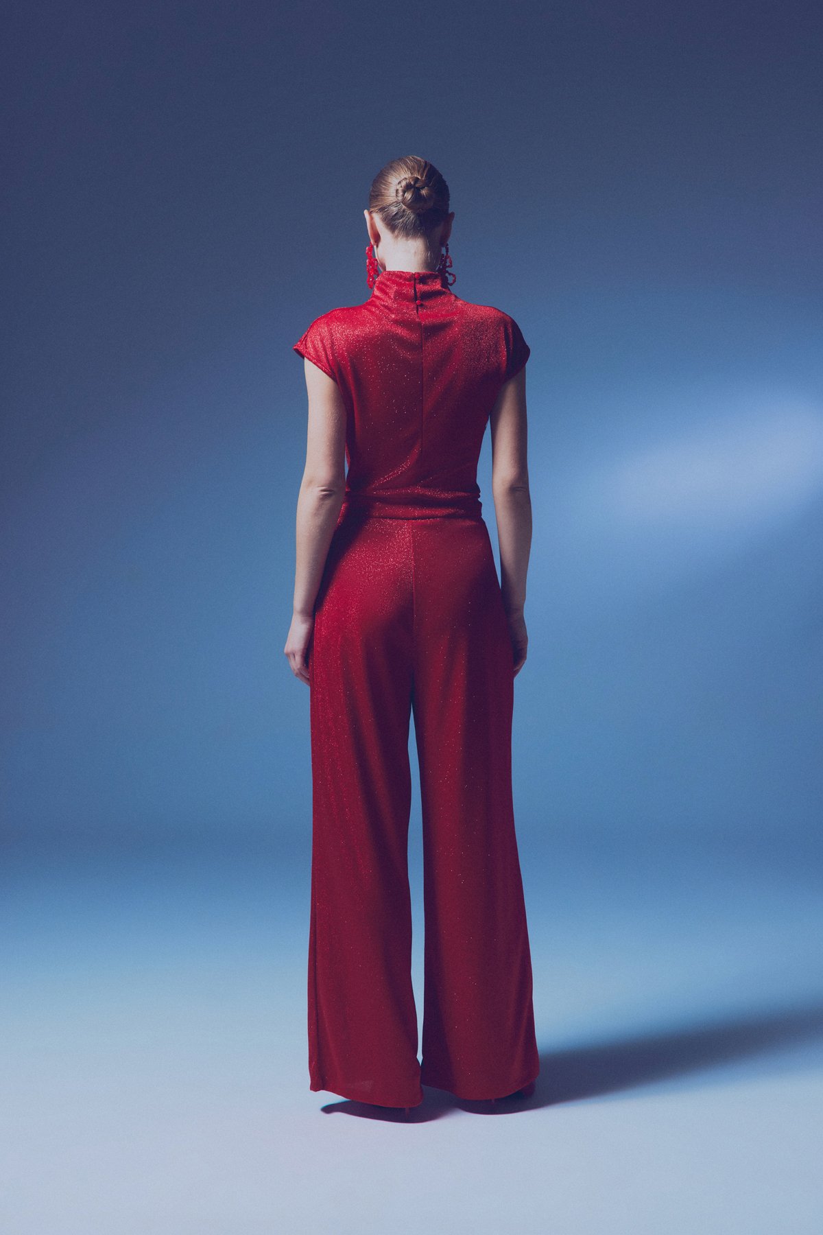 Simli Dik Yaka Bodysuit - KIRMIZI