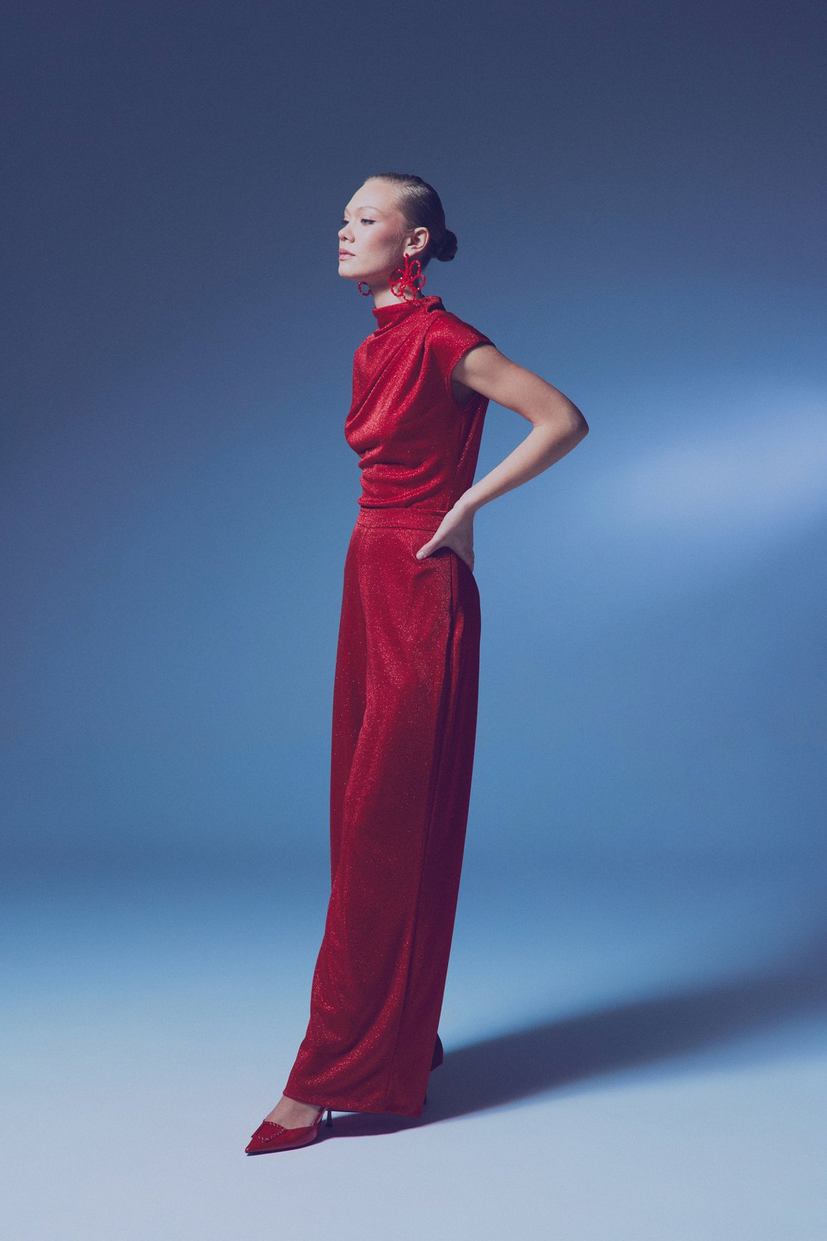 Simli Dik Yaka Bodysuit - KIRMIZI