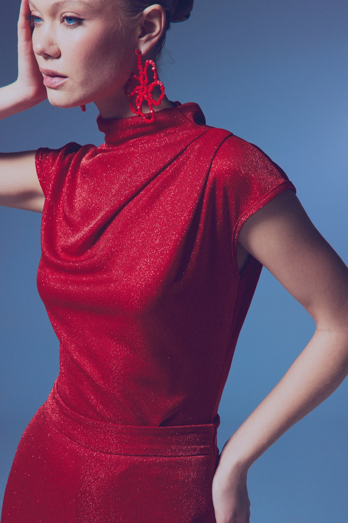 Simli Dik Yaka Bodysuit - KIRMIZI