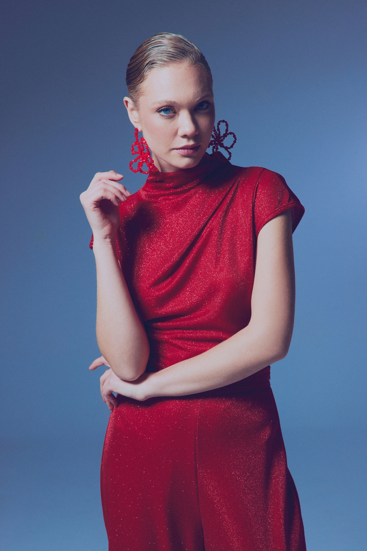 Simli Dik Yaka Bodysuit - KIRMIZI