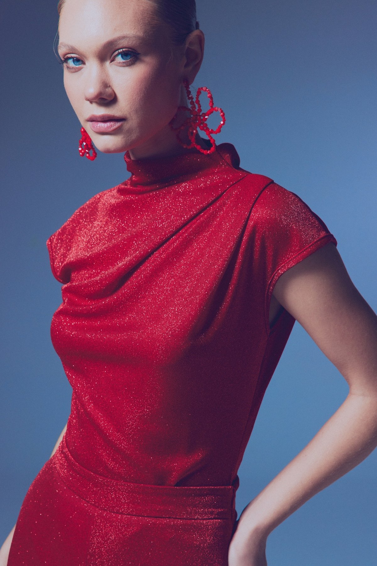 Simli Dik Yaka Bodysuit - KIRMIZI