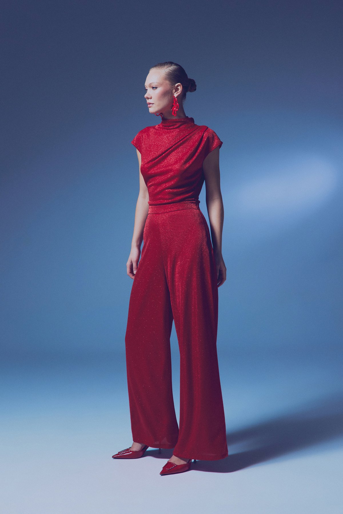 Simli Dik Yaka Bodysuit - KIRMIZI