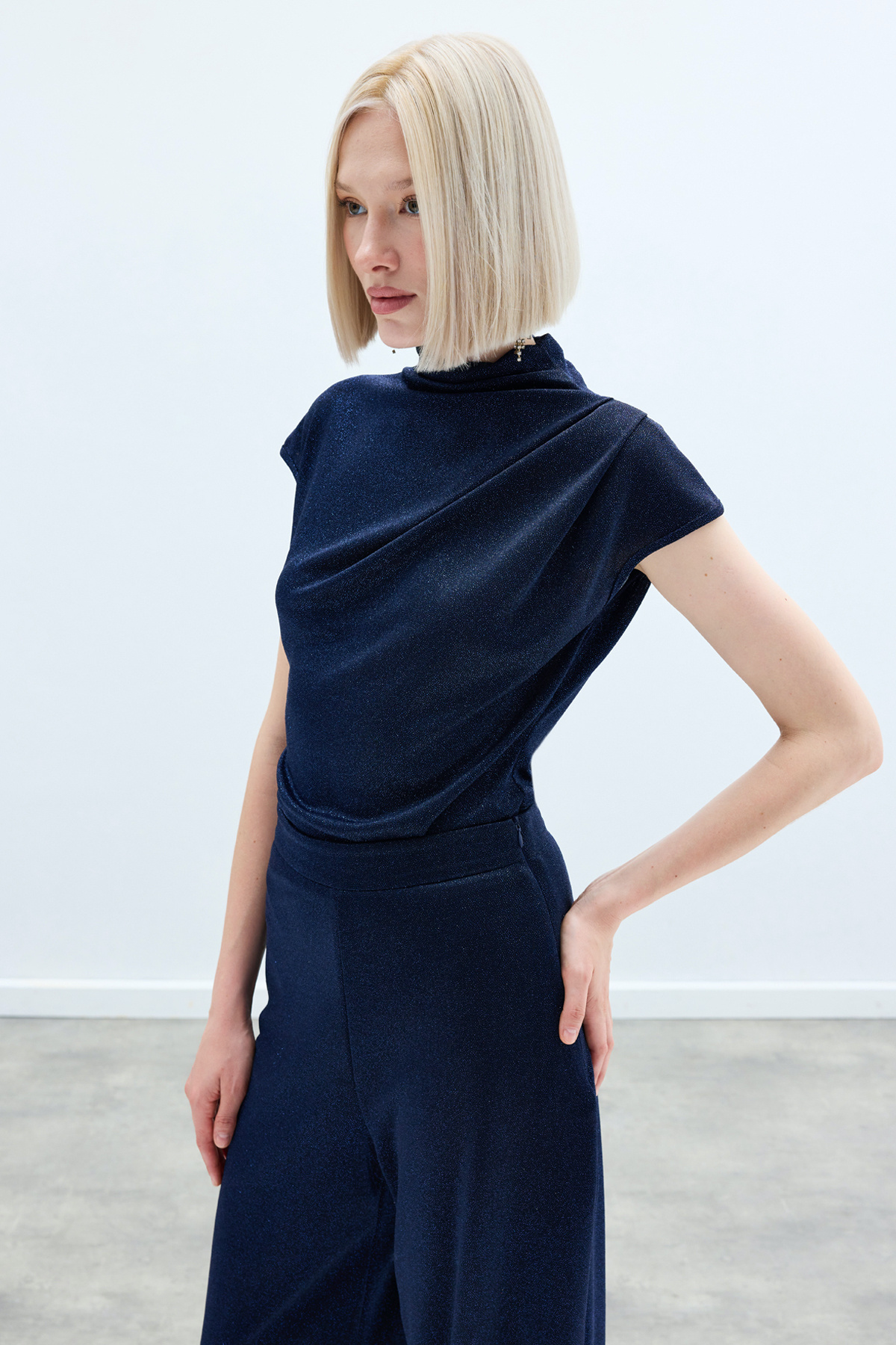 Simli Dik Yaka Bodysuit - Lacivert