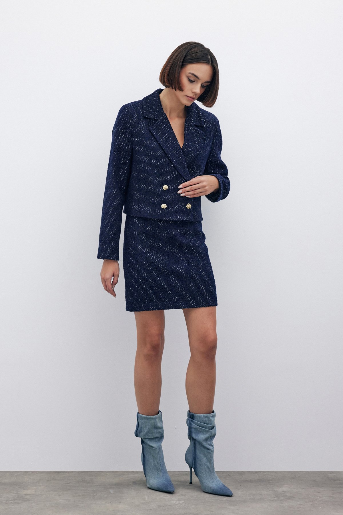 Simli Kısa Tüvit Ceket - LACİVERT