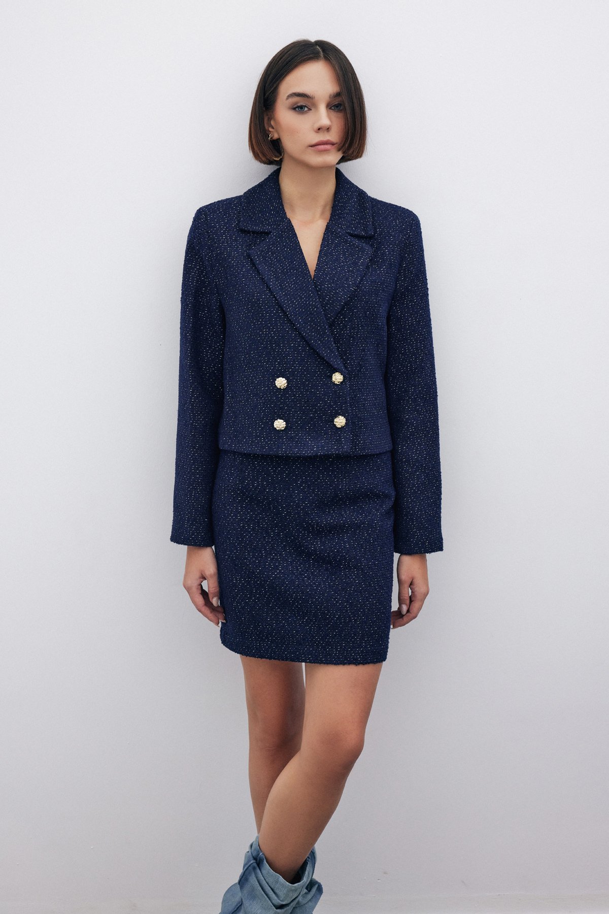 Simli Kısa Tüvit Ceket - LACİVERT