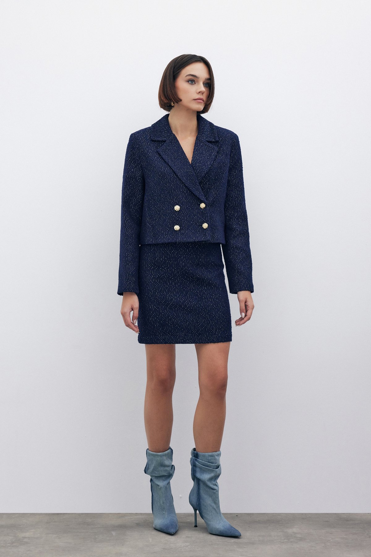 Simli Kısa Tüvit Ceket - LACİVERT