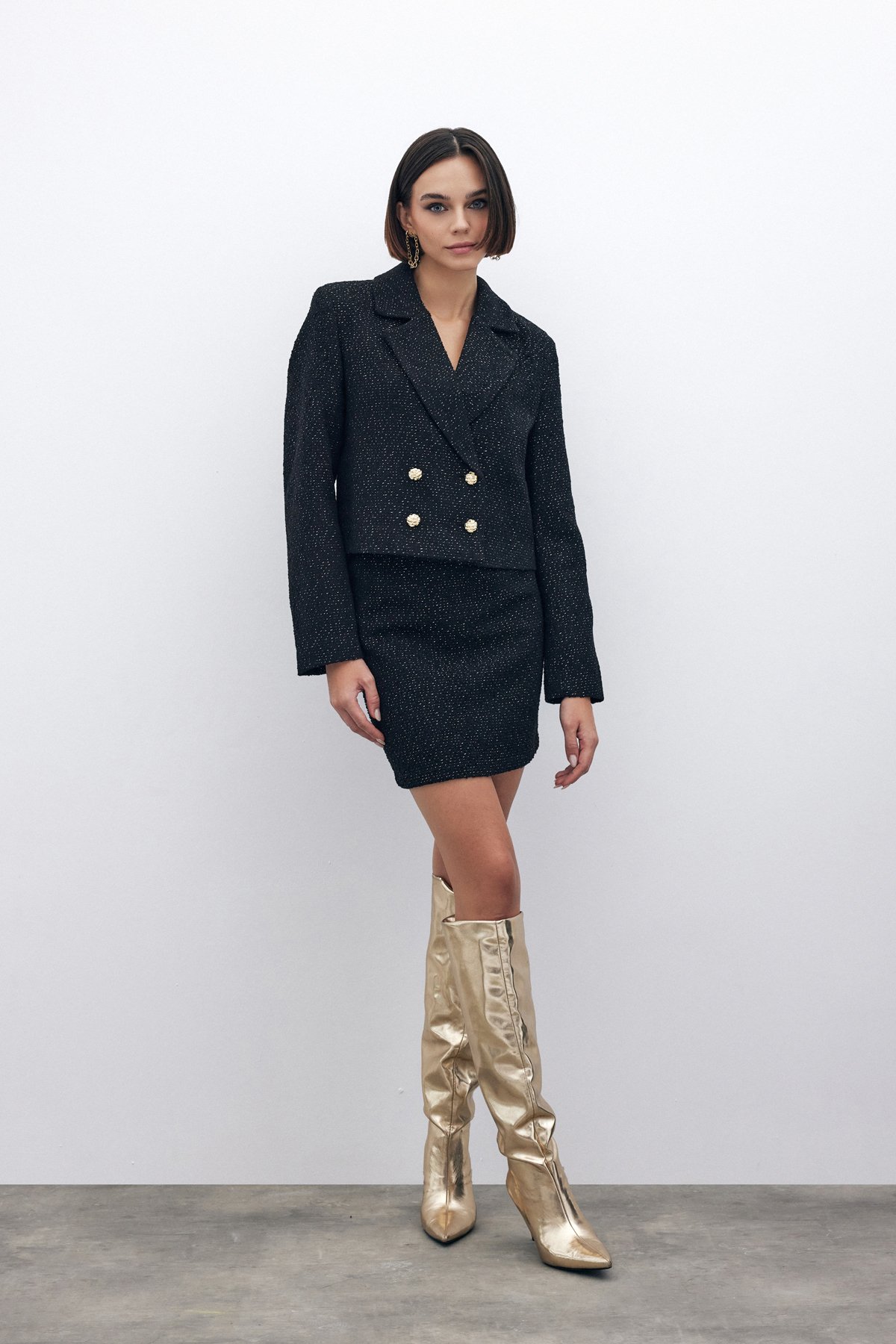 Simli Kısa Tüvit Ceket - SİYAH