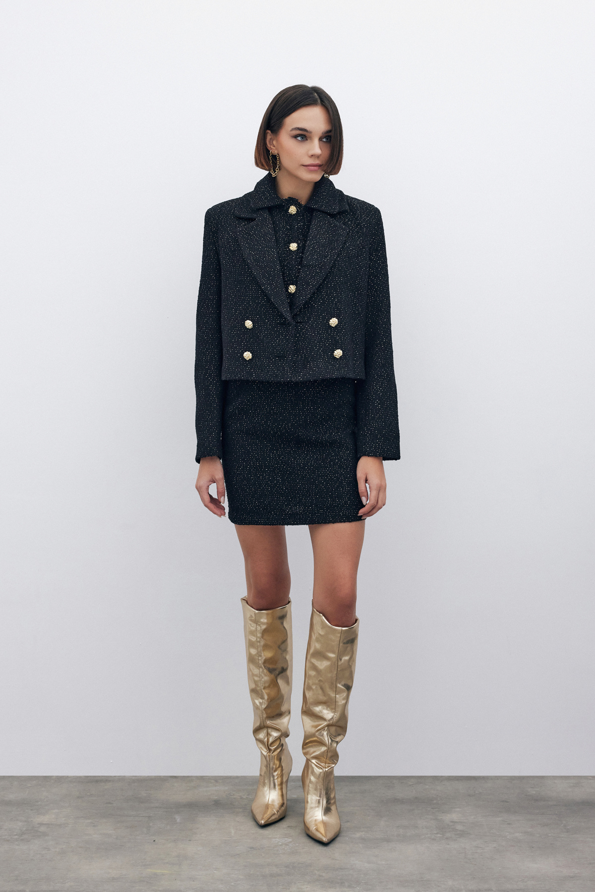 Simli Kısa Tüvit Ceket - SİYAH