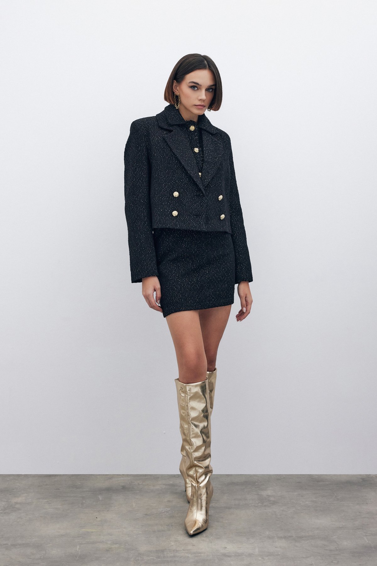 Simli Kısa Tüvit Ceket - SİYAH