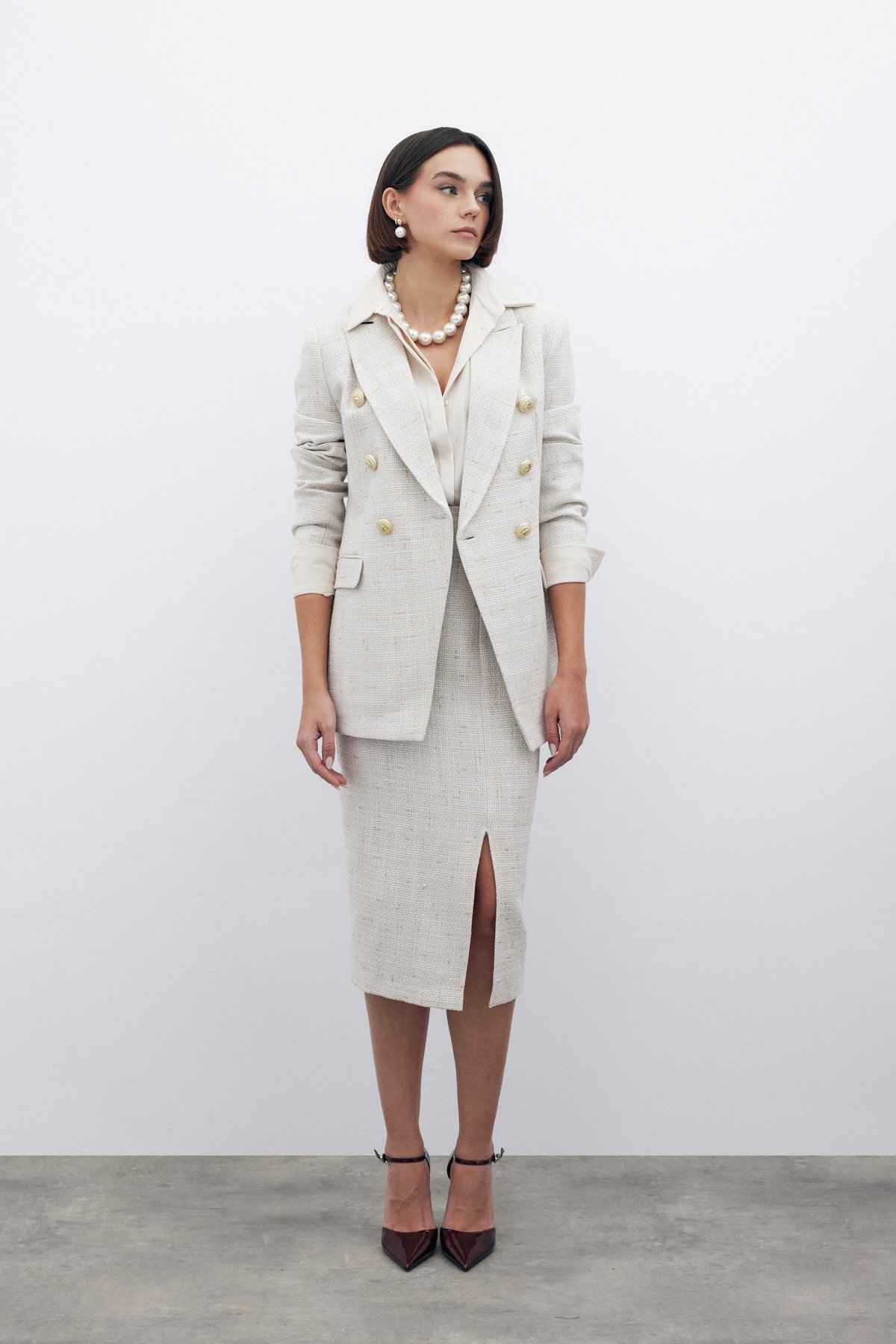 Simli Midi Boy Tüvit Etek - BEJ