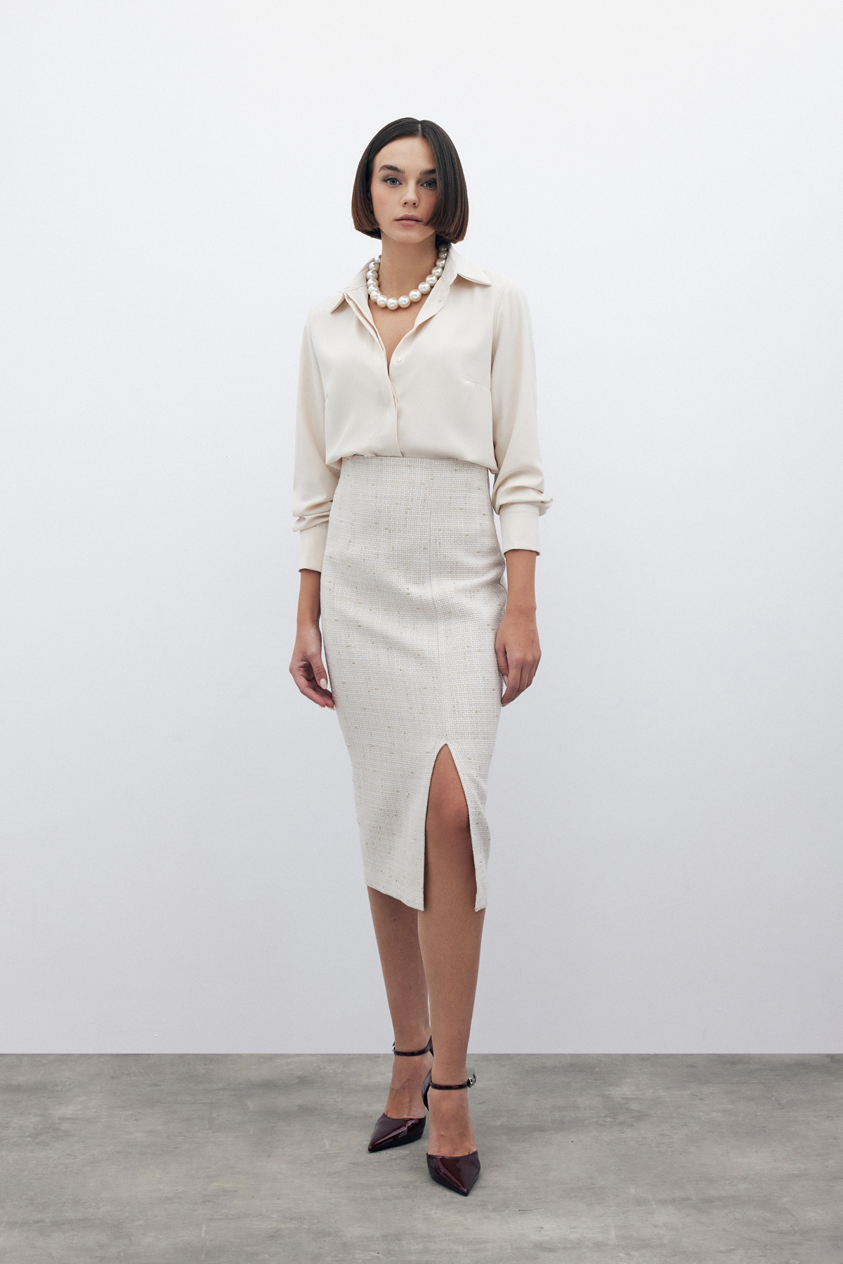 Simli Midi Boy Tüvit Etek - BEJ