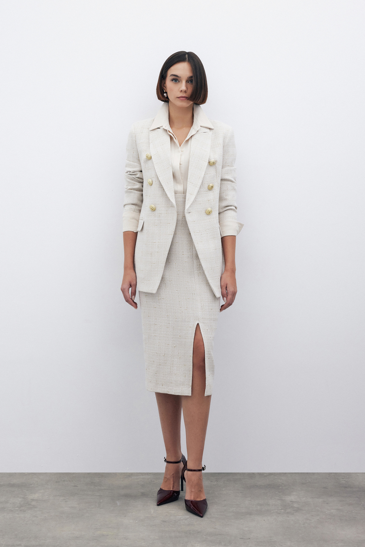 Simli Midi Boy Tüvit Etek - BEJ