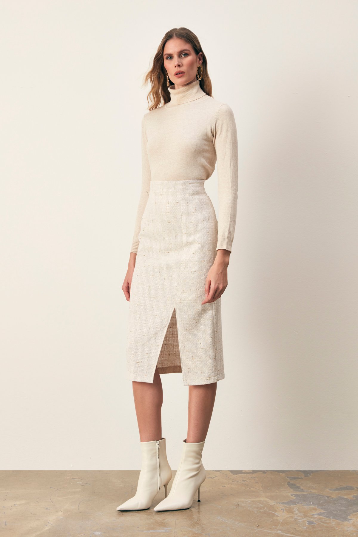 Simli Midi Boy Tüvit Etek - EKRU