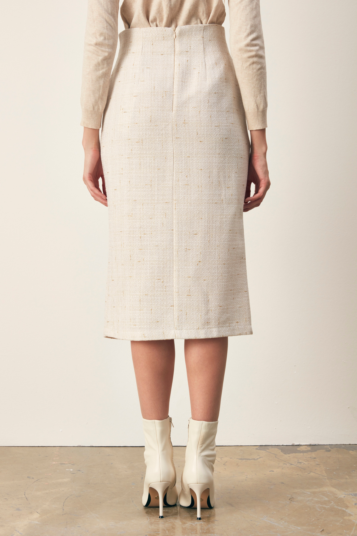 Simli Midi Boy Tüvit Etek - EKRU