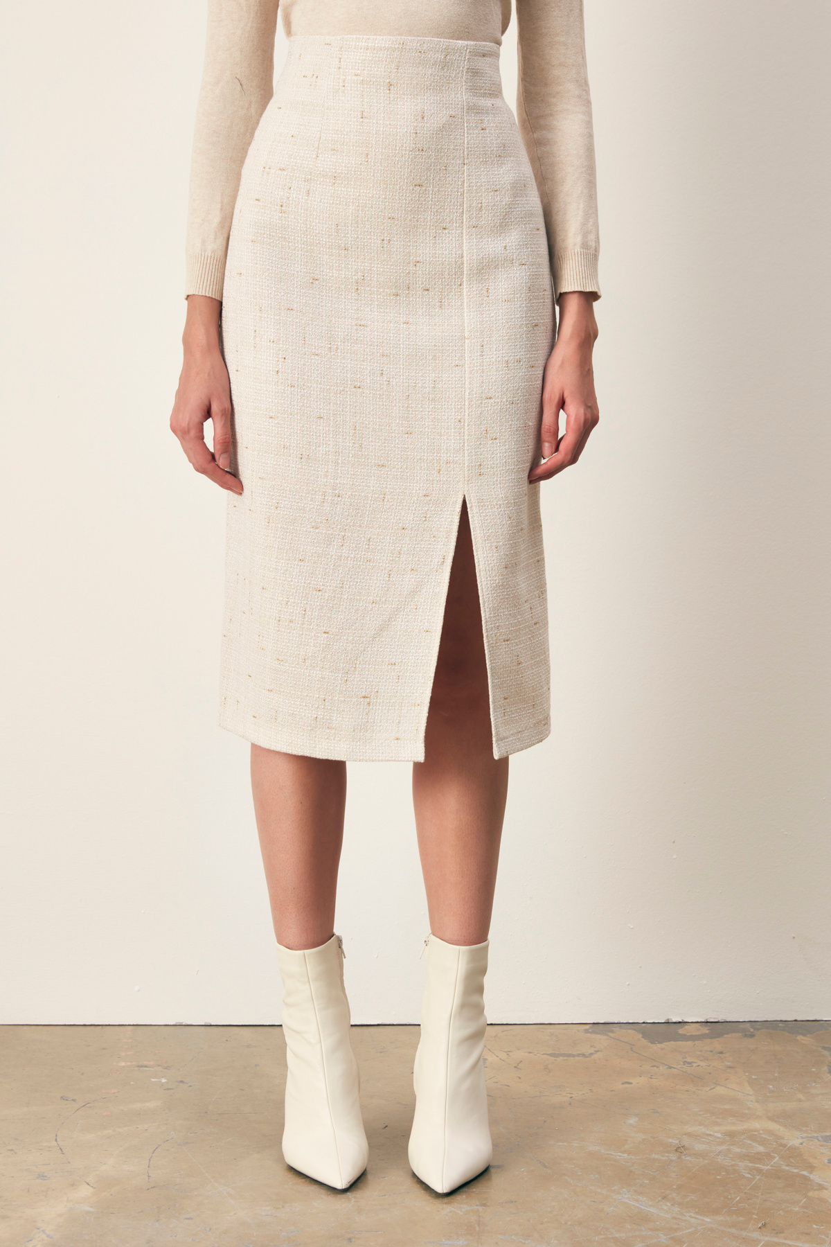 Simli Midi Boy Tüvit Etek - EKRU