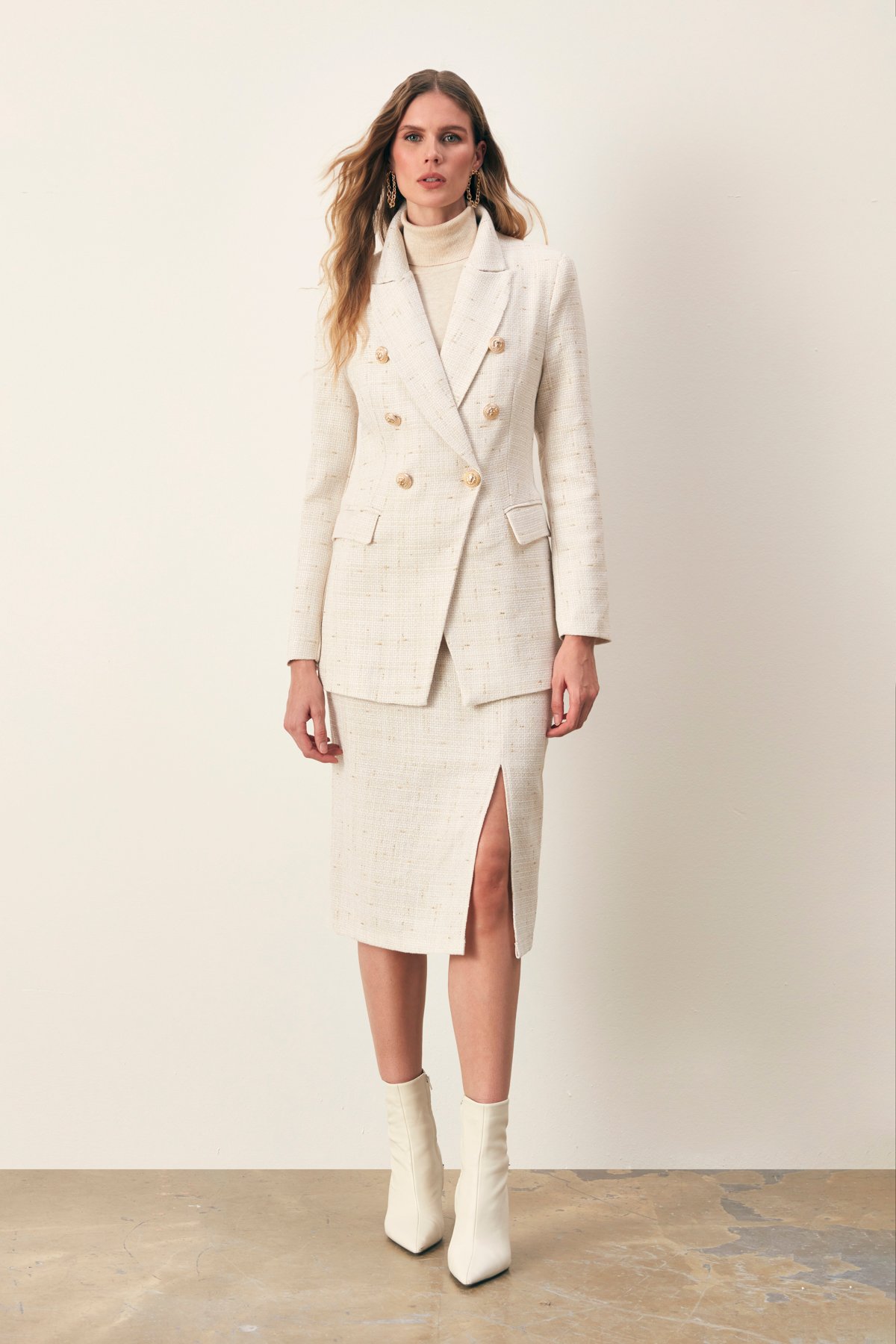 Simli Midi Boy Tüvit Etek - EKRU