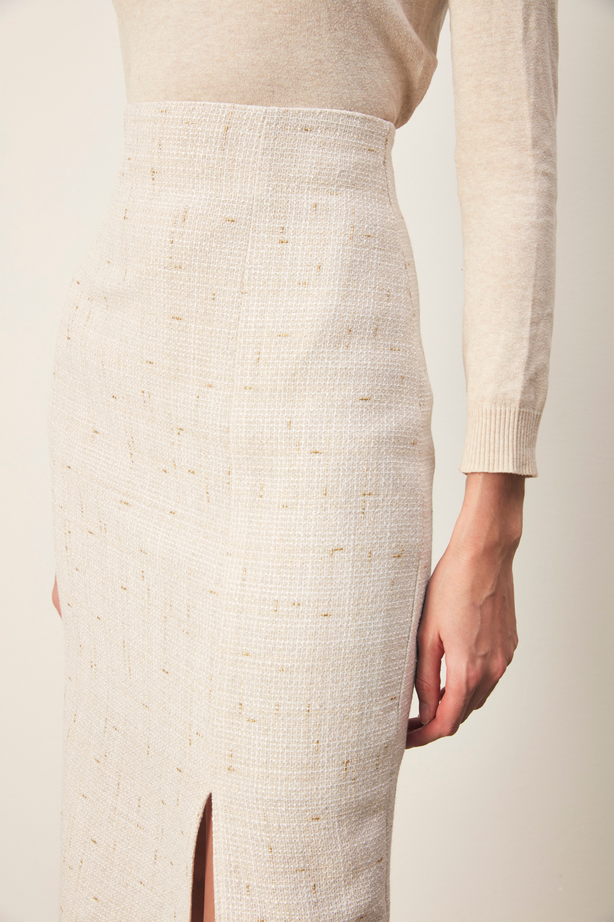 Simli Midi Boy Tüvit Etek - EKRU