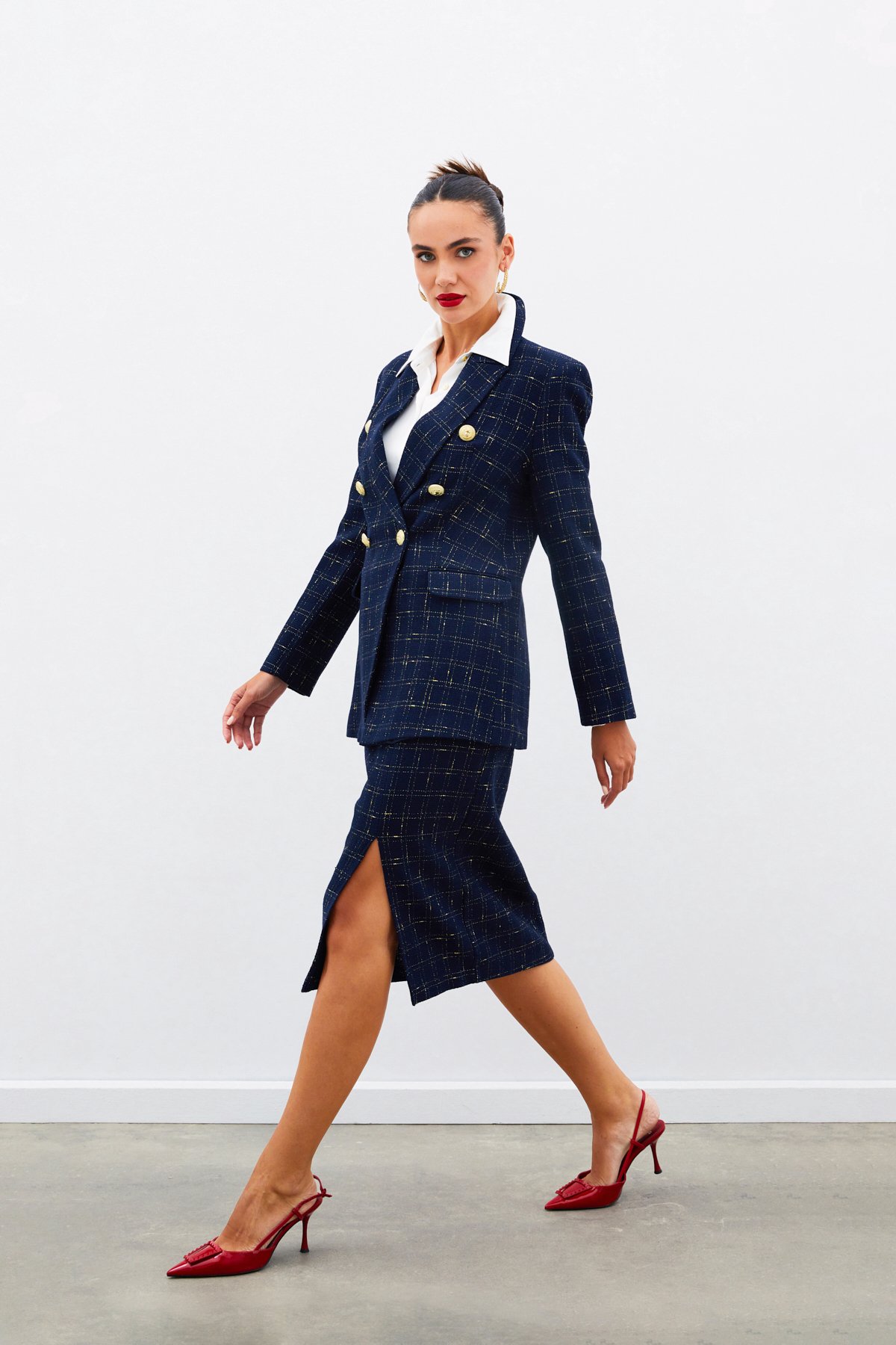 Simli Midi Boy Tüvit Etek - LACİVERT