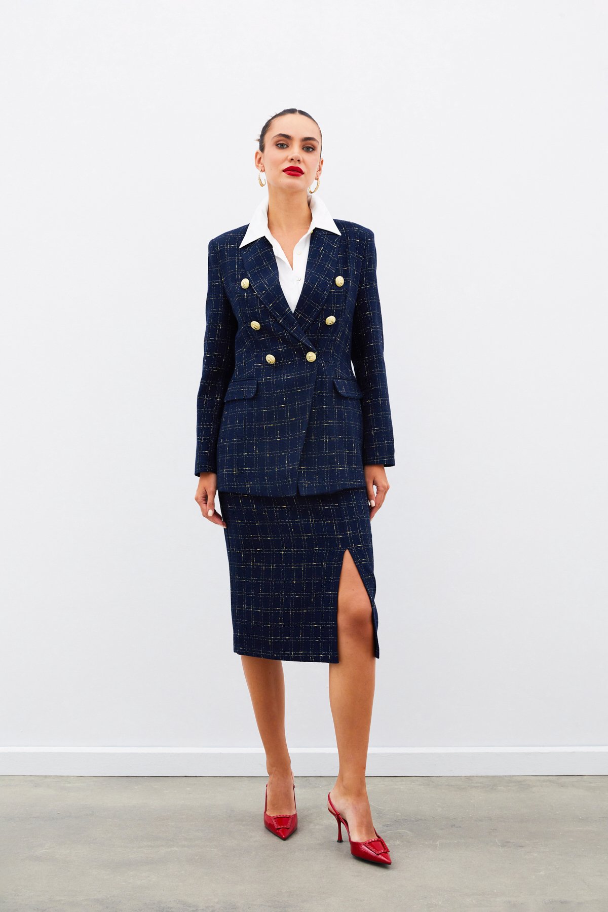 Simli Midi Boy Tüvit Etek - LACİVERT