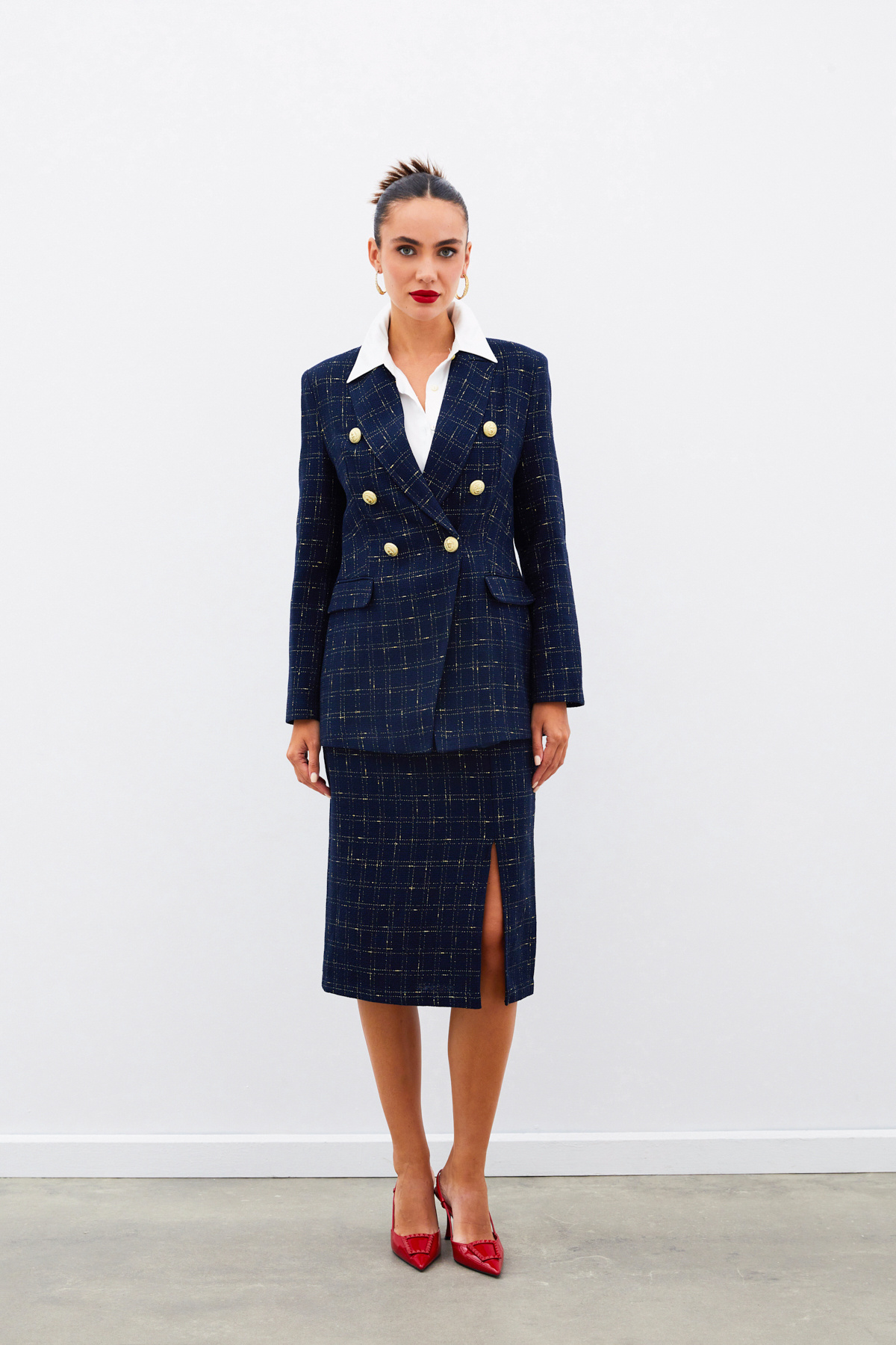 Simli Midi Boy Tüvit Etek - LACİVERT