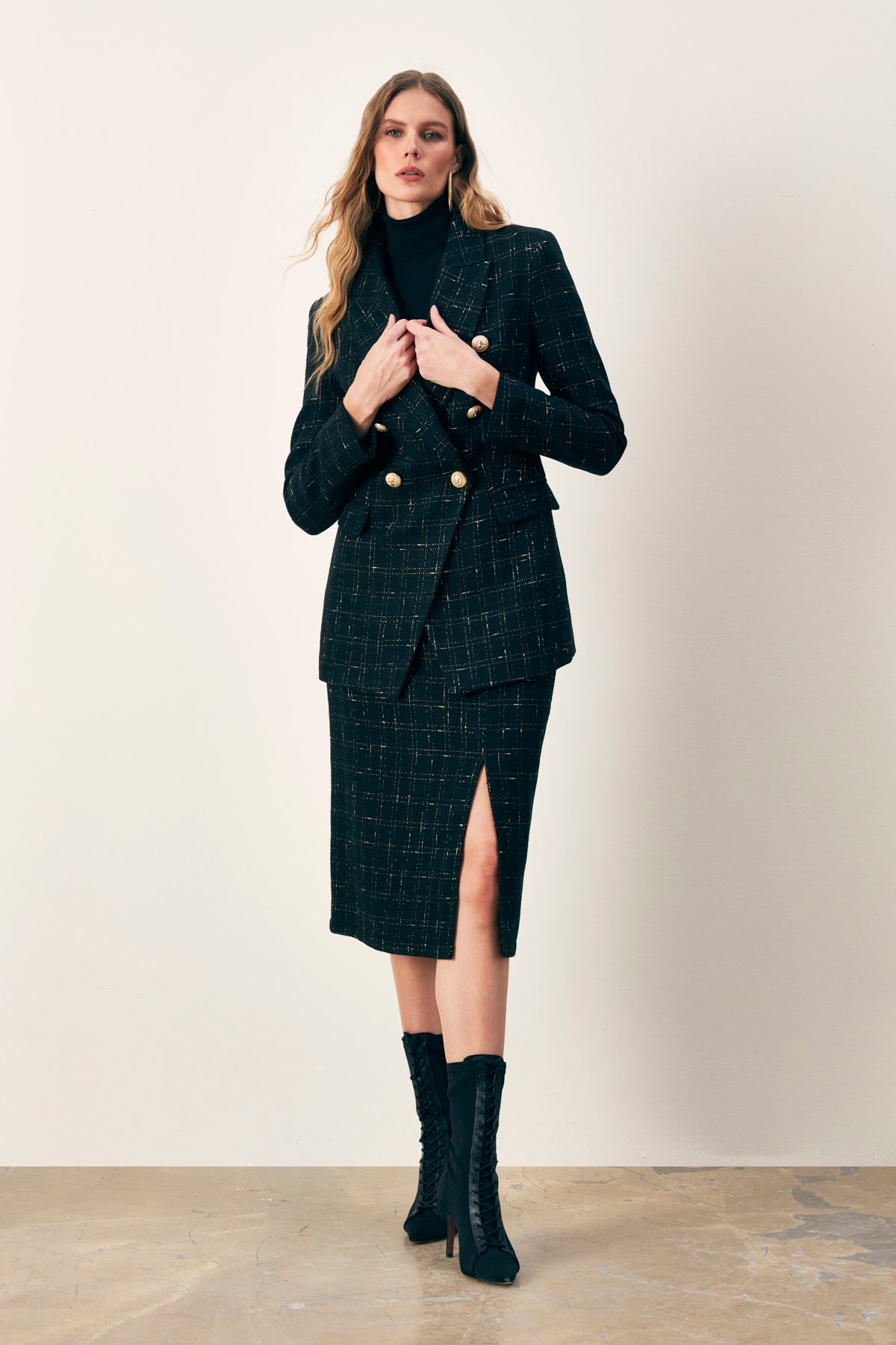 Simli Midi Boy Tüvit Etek - SİYAH