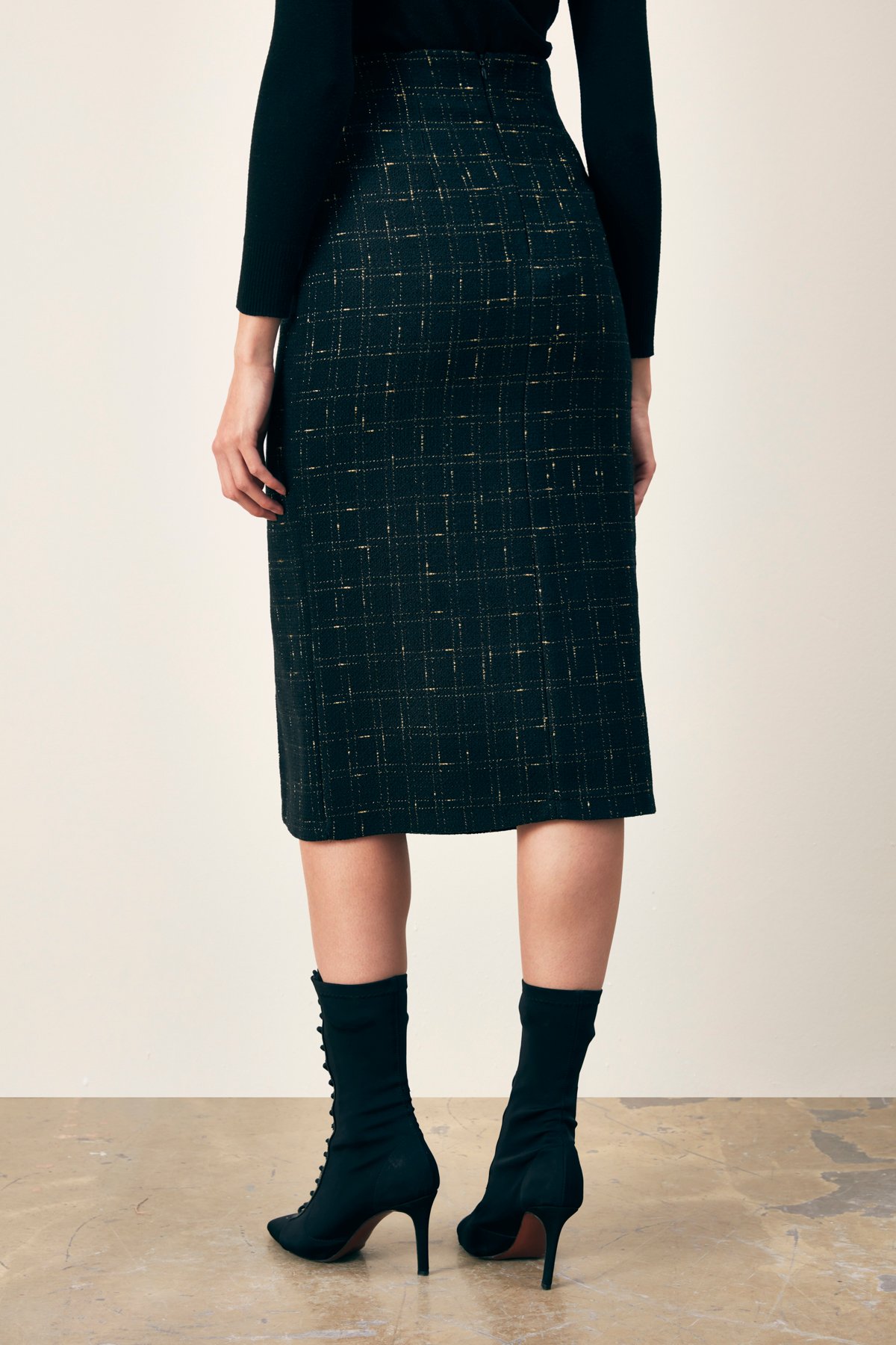 Simli Midi Boy Tüvit Etek - SİYAH