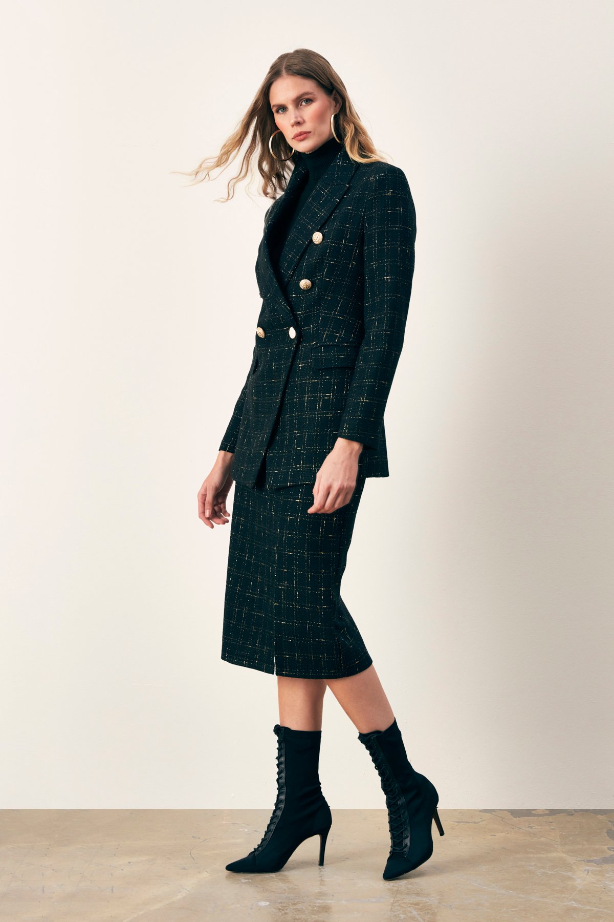 Simli Midi Boy Tüvit Etek - SİYAH