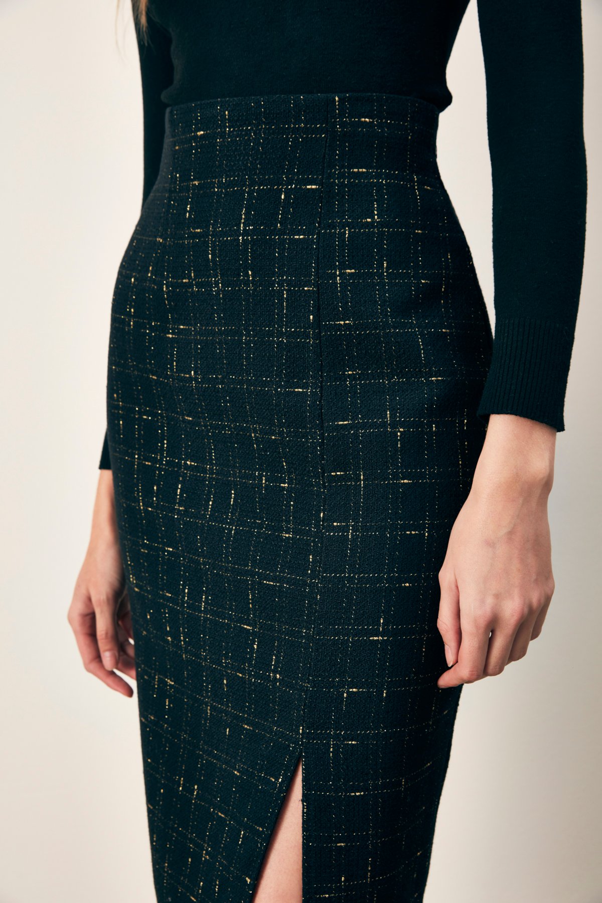 Simli Midi Boy Tüvit Etek - SİYAH