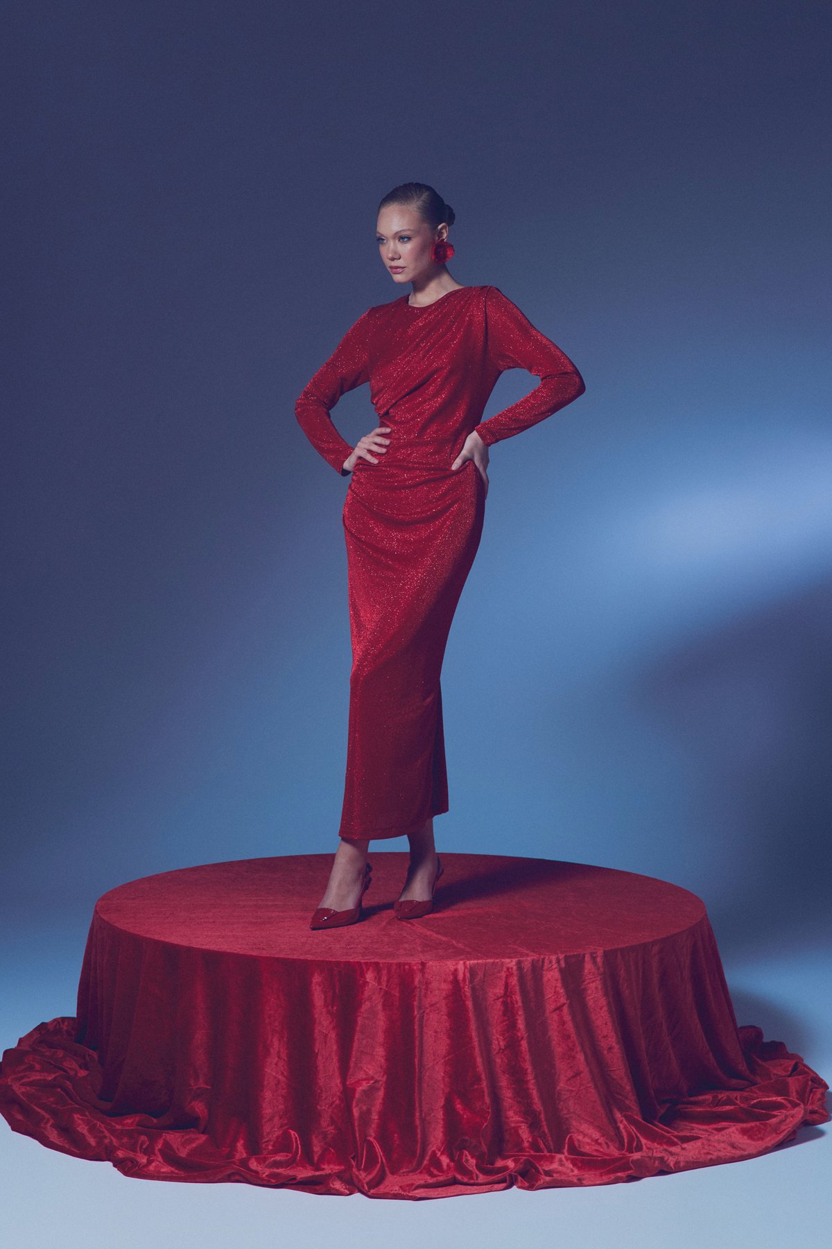 Simli Midi Elbise - KIRMIZI