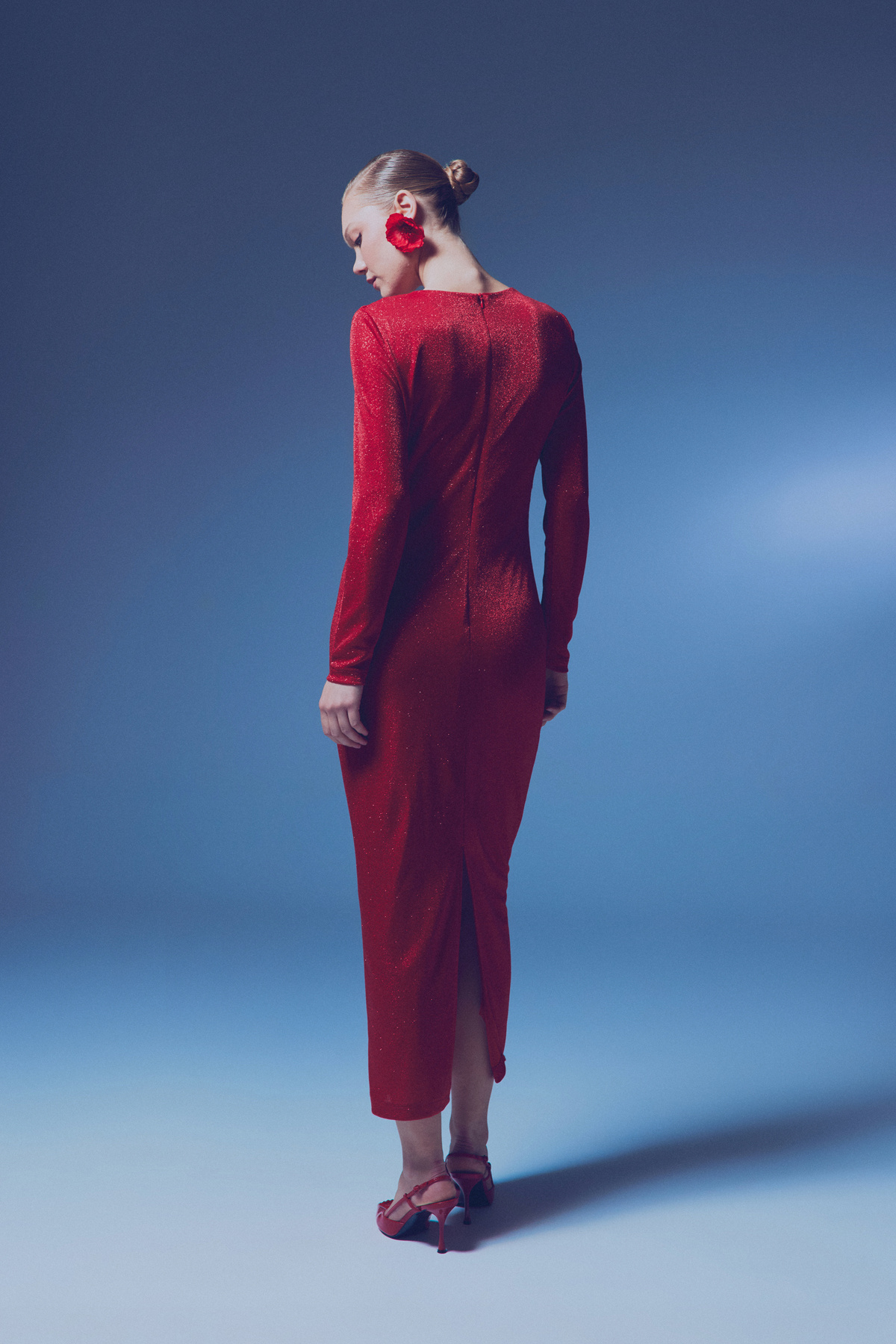 Simli Midi Elbise - KIRMIZI