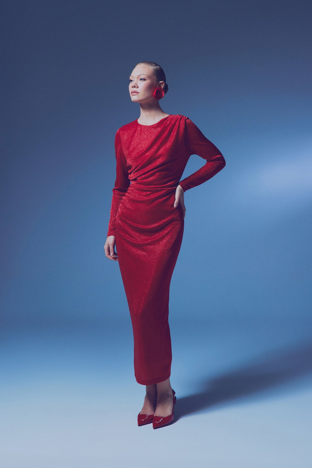 Simli Midi Elbise - KIRMIZI