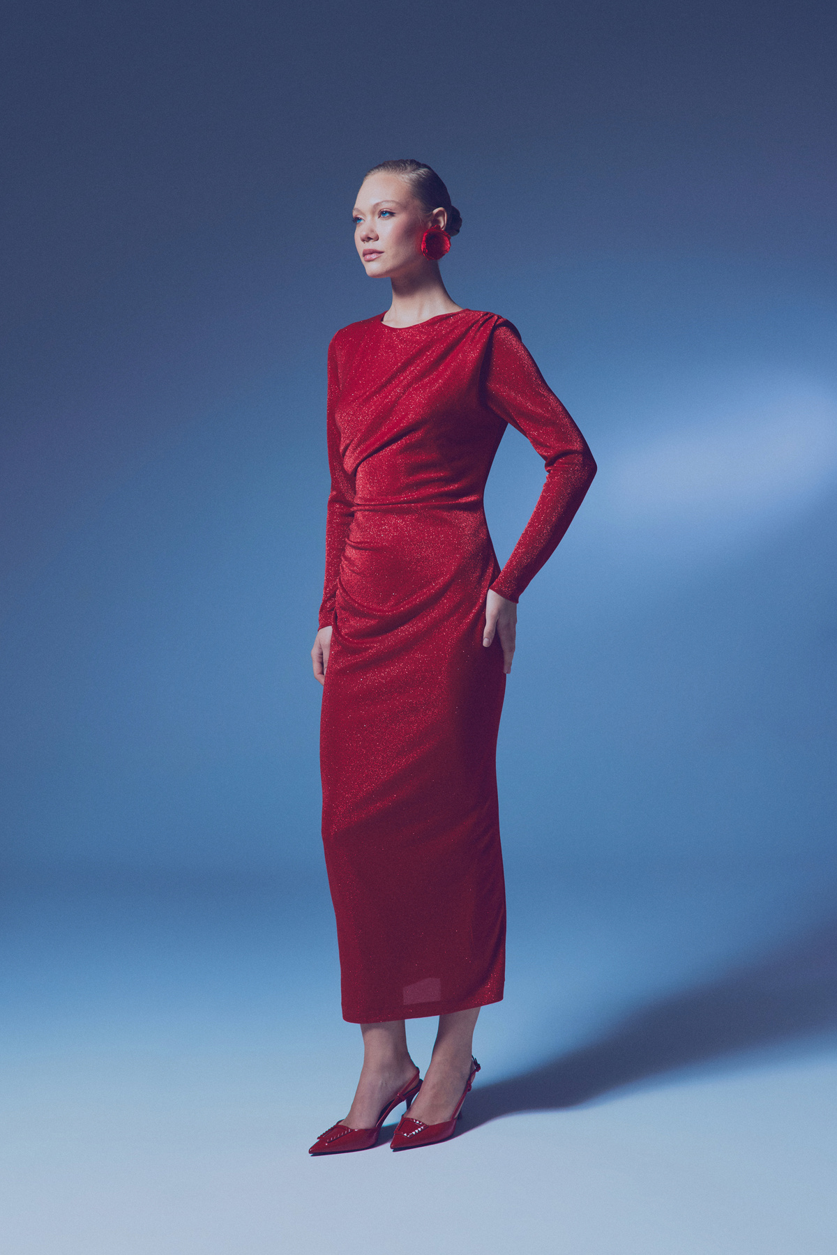 Simli Midi Elbise - KIRMIZI