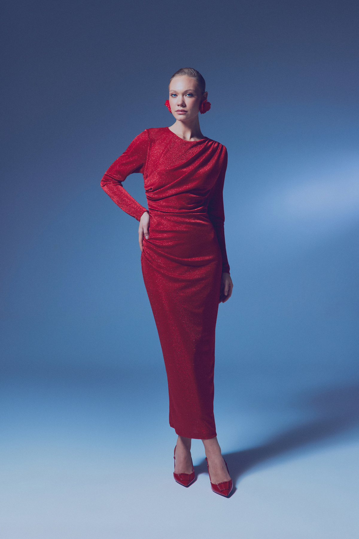 Simli Midi Elbise - KIRMIZI