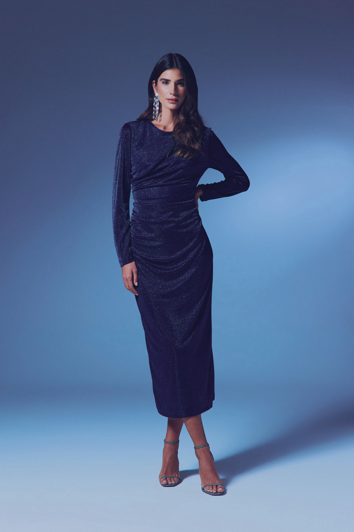 Simli Midi Elbise - LACİVERT