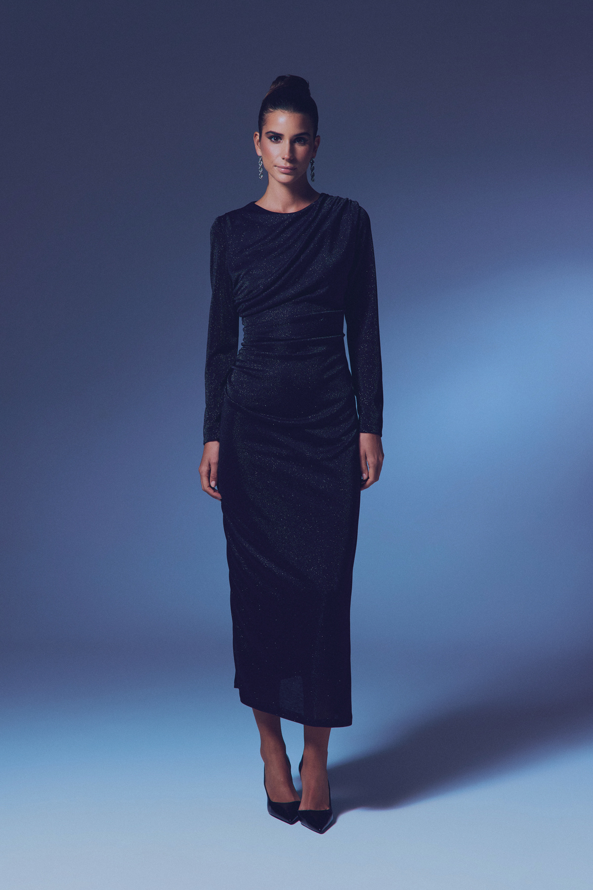 Simli Midi Elbise - SİYAH