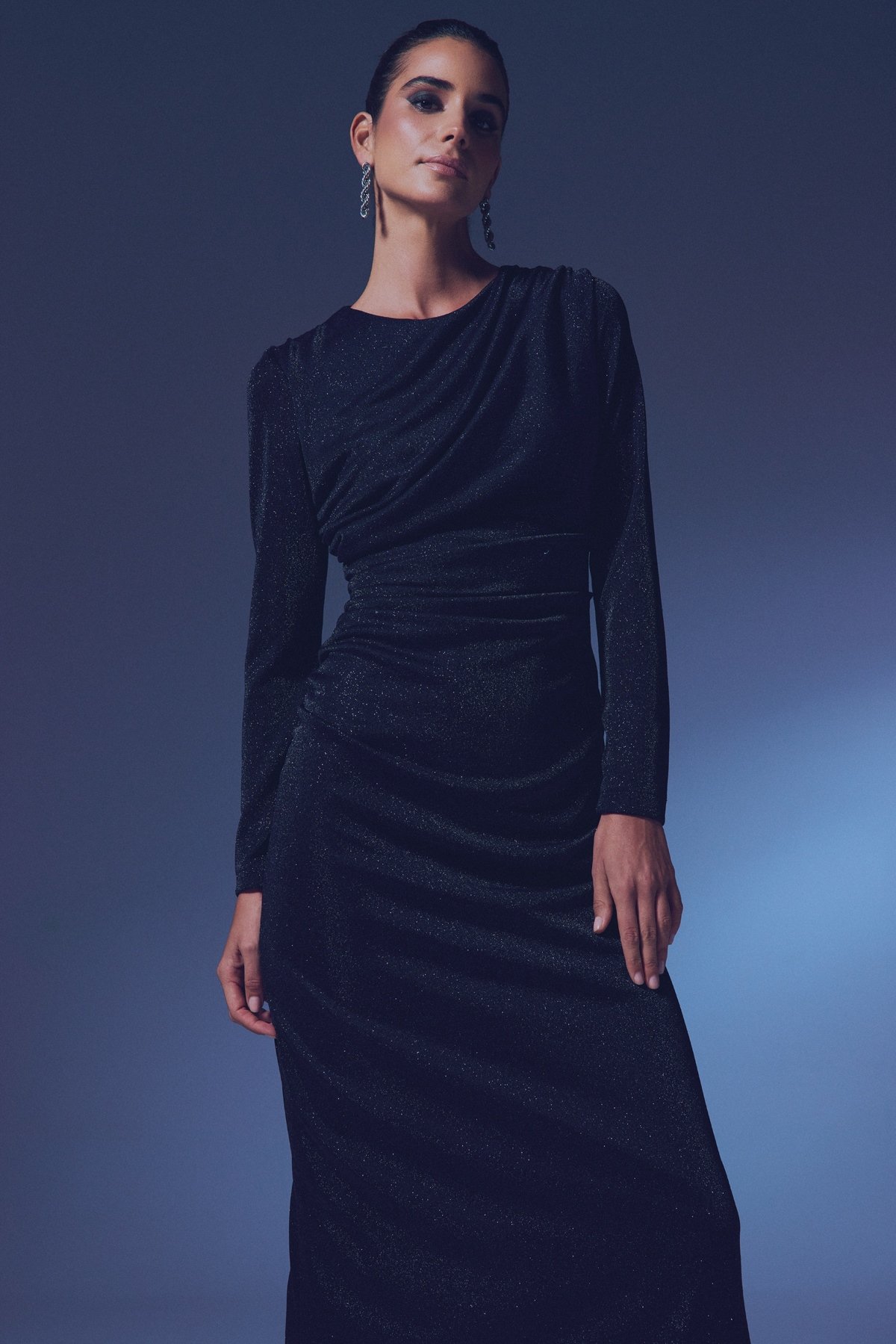 Simli Midi Elbise - SİYAH