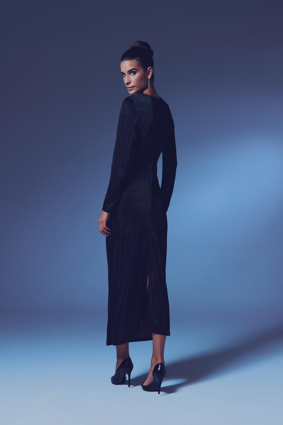 Simli Midi Elbise - SİYAH