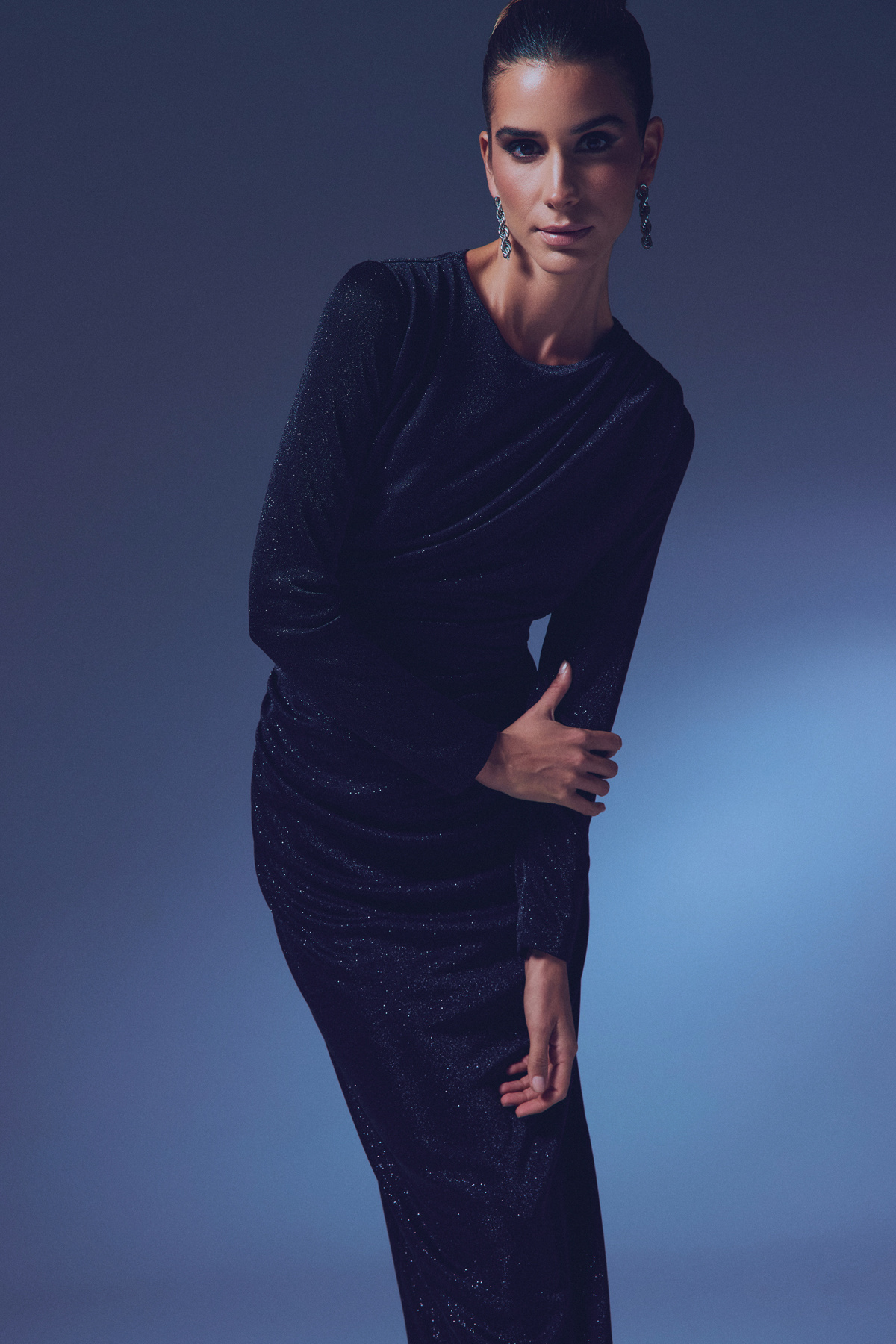 Simli Midi Elbise - SİYAH