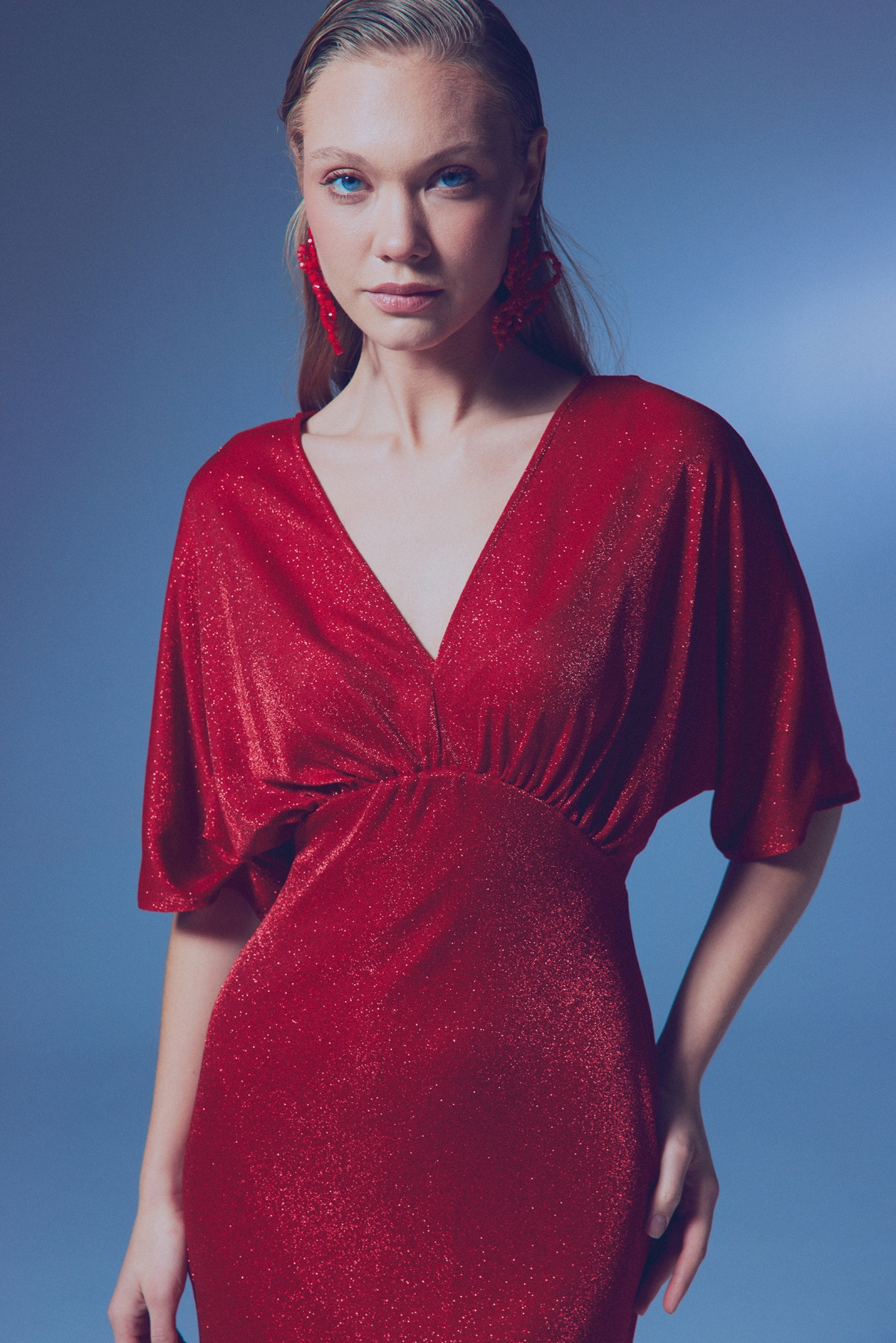 Simli Mini Elbise - KIRMIZI