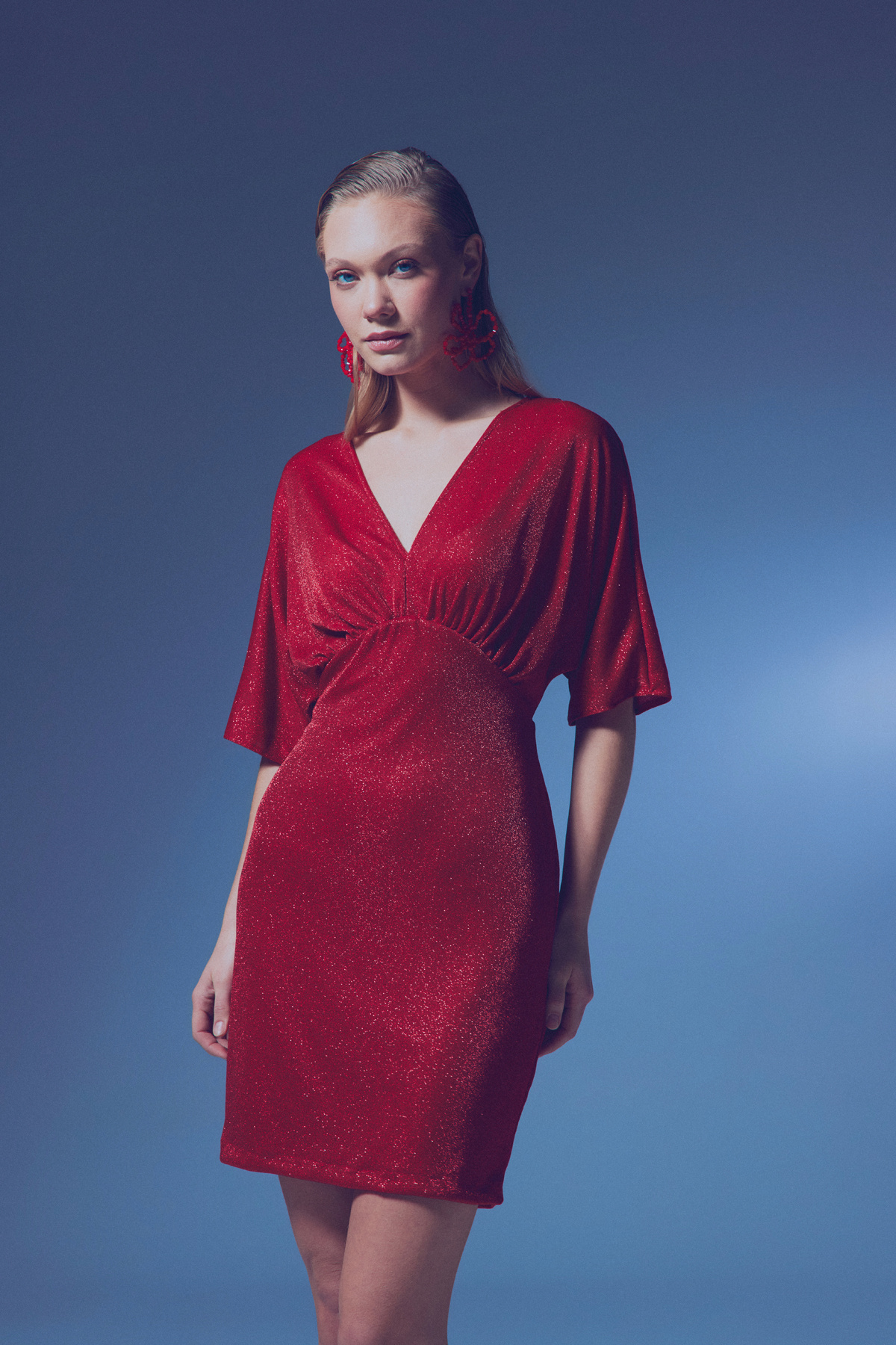 Simli Mini Elbise - KIRMIZI