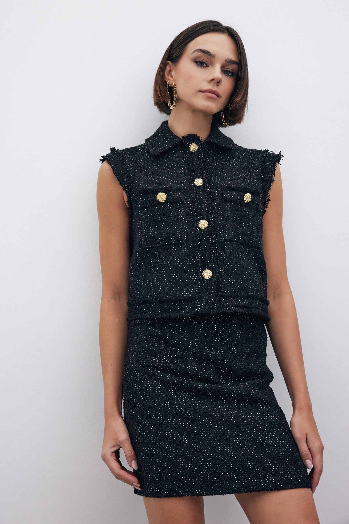 Simli Mini Tüvit Etek - SİYAH